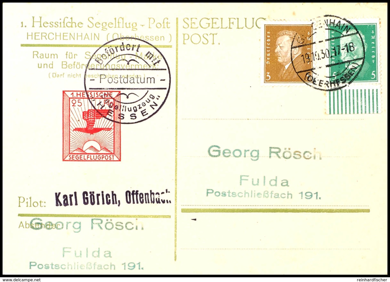 Ganzsachenkarte 25 Pfg Segelflugpost Herchenhain, Befördert Auf Dem Entsprechenden Flug Durch Karl Görich, Frankiert Mit - Luchtpost & Zeppelin