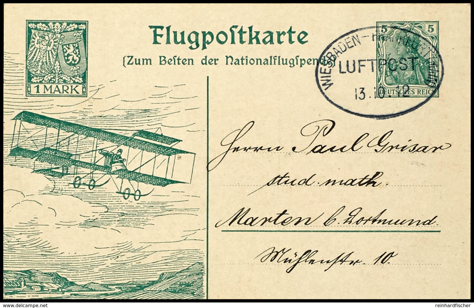 1912, "WIESBADEN-FRANKFURT (MAIN) LUFTPOST 19.10.(13.10.)", Zwei Klare Abschläge Auf Flugpost-Sonderganzsachenkarten 5 P - Andere & Zonder Classificatie