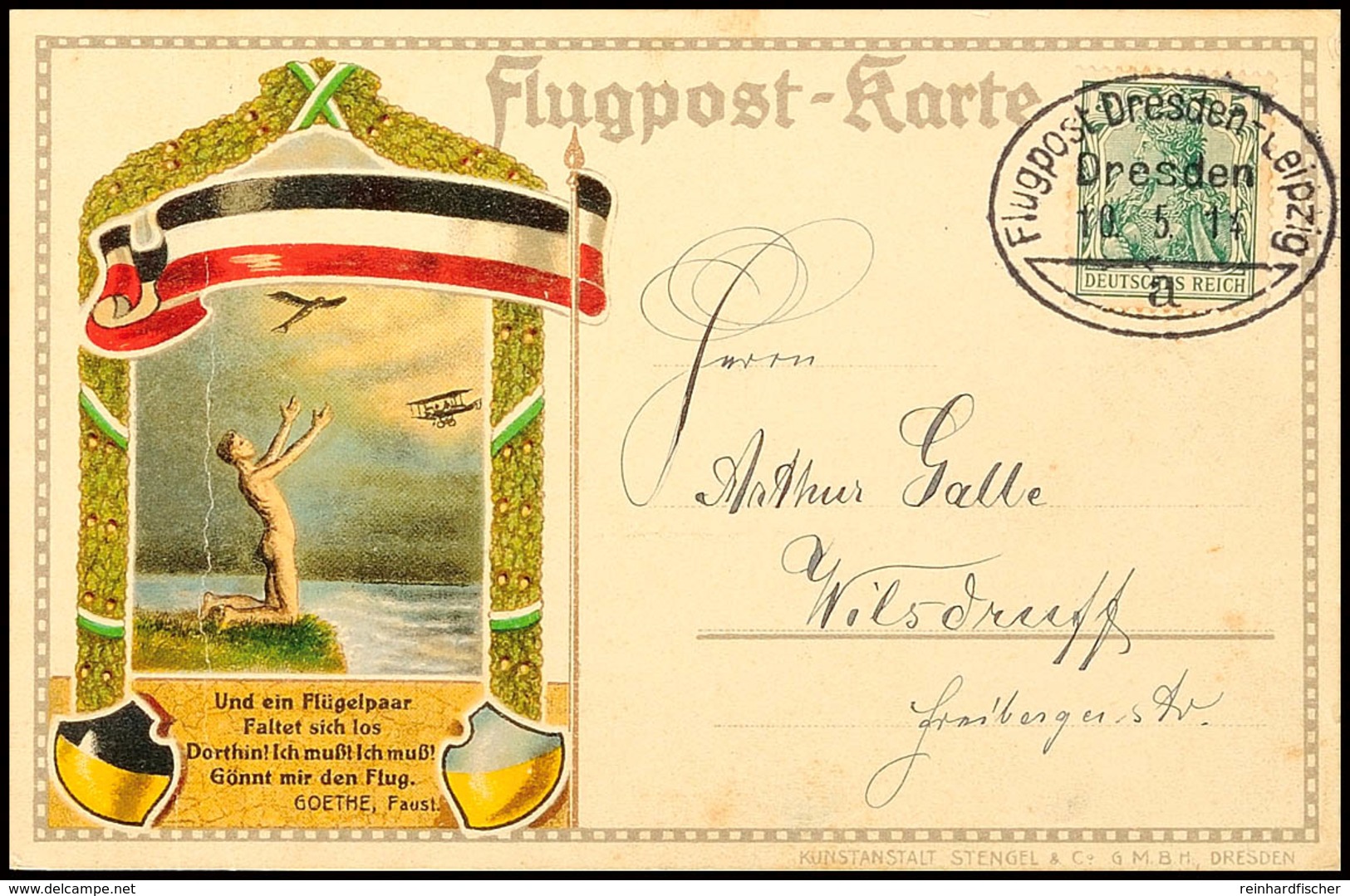 1914, Erstflug Dresden - Leipzig, Ovalstempel "Flugpost Dresden-Leipzig Dresden 10.5.14 A" Auf Flugpostkarte Mit 5 Pfg G - Andere & Zonder Classificatie