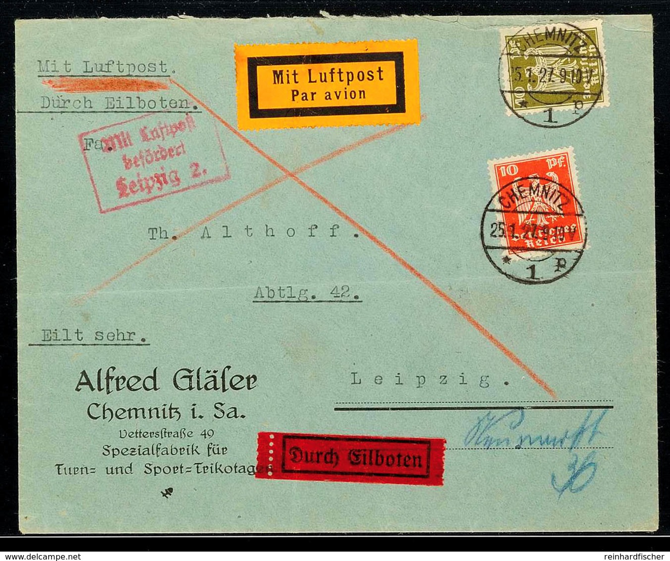 Deutsches Reich 1927, Luftpost-Eilboten-Brief Mit 10 U. 40 Pfg Reichsadler Von "CHEMNITZ 25.1.27" Nach Leipzig, Dort Ent - Andere & Zonder Classificatie
