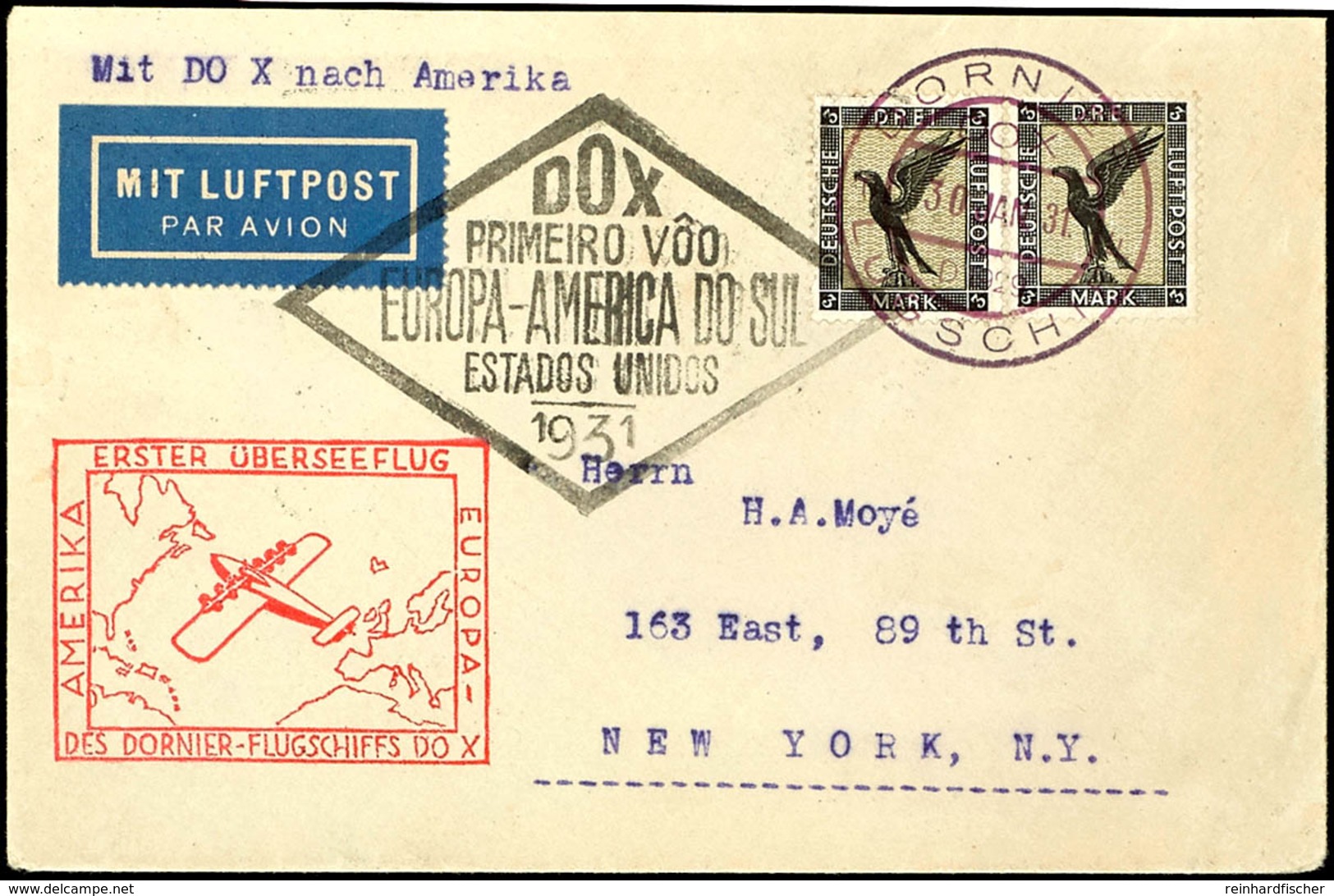 1931, DO-X Erster Überseeflug, Brief Mit 3 M. Adler, Waagerechtes Paar, Von "DORNIER LUFTSCHIFF 30 JAN 31" Nach New York - Andere & Zonder Classificatie