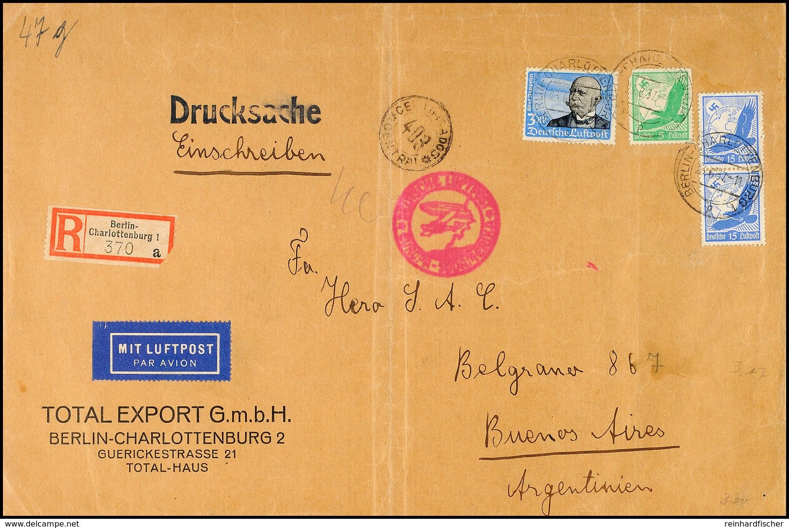 Deutsches Reich 1937, Luftpost-Einschreiben-Drucksache, Großformatiges, 47 G Schweres Kuvert Mit 3 RM Zeppelin, 5 Pfg St - Andere & Zonder Classificatie