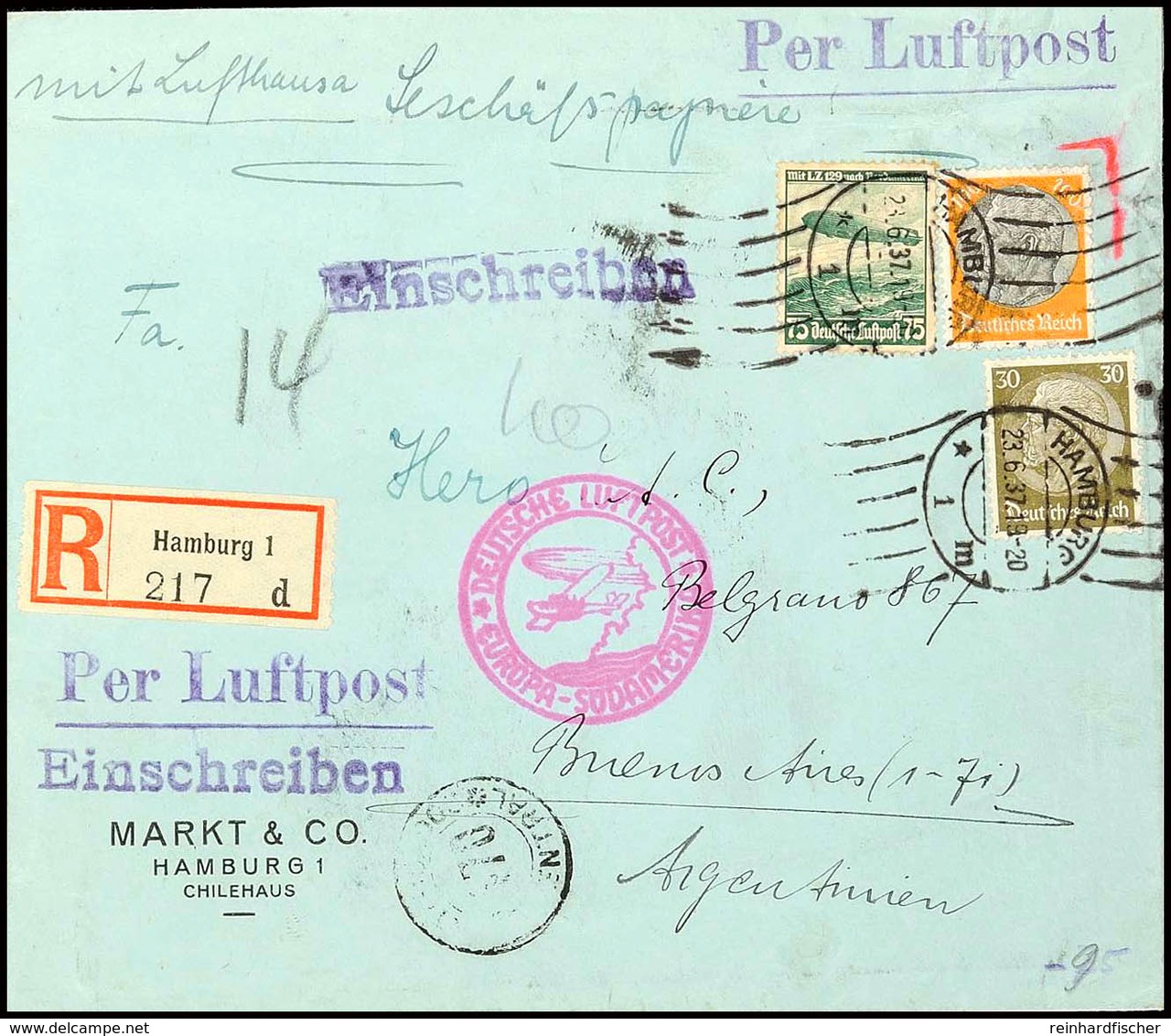 Deutsches Reich 1937, Luftpost-Einschreiben-Geschäftspapiere, Mit 30 U. 100 Pfg Hindenburg Sowie 75 Pfg LZ 129 Frankiert - Andere & Zonder Classificatie