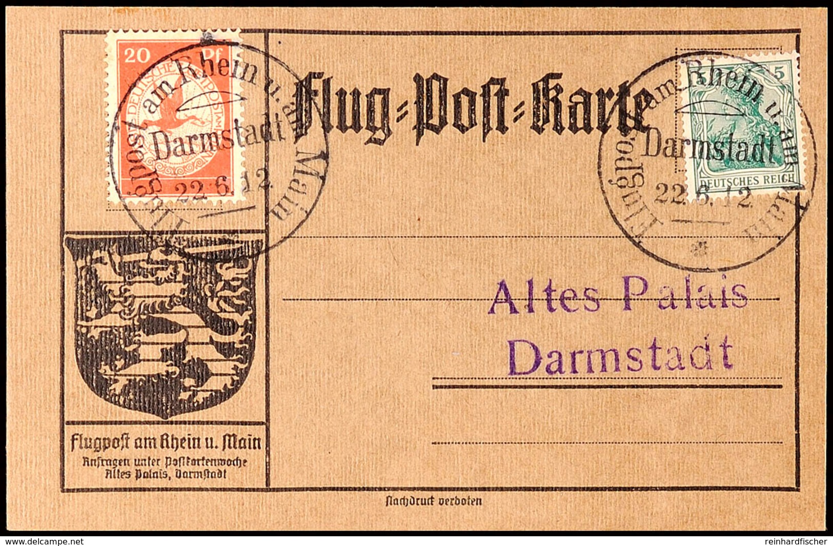 DARMSTADT 22.6.12, Flugpostmarke 20 Pfg, Graubraune Flugpostkarte, Gerippter Karton, Adressstempel "Altes Palais Darmsta - Other & Unclassified