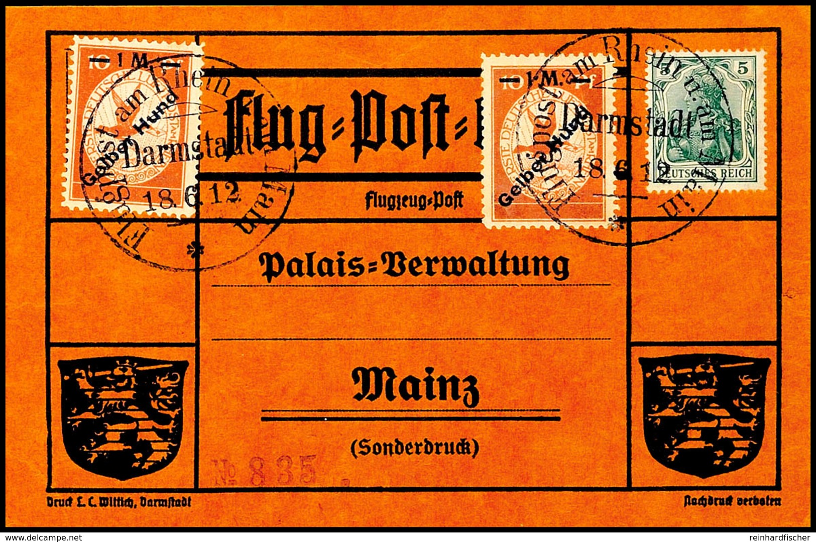 1 Mark Gelber Hund, Zweimal Auf Oranger Flugpostkarte Mit Sekula-Beschriftung No. 835 Und 5 Pfg. Germania Sowie Flugstem - Andere & Zonder Classificatie