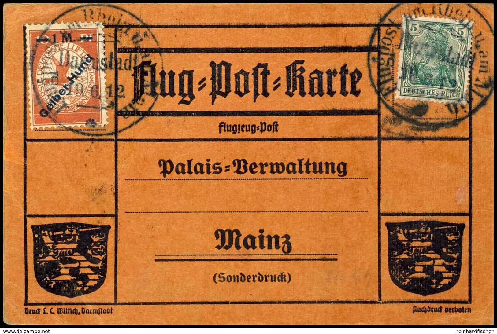 1912, Flugpost Rhein Und Main, 1 M. "Gelber Hund" Auf 10 Pfg  Zusammen Mit 5 Pfg Germania Auf Entsprechender Flugpostkar - Andere & Zonder Classificatie