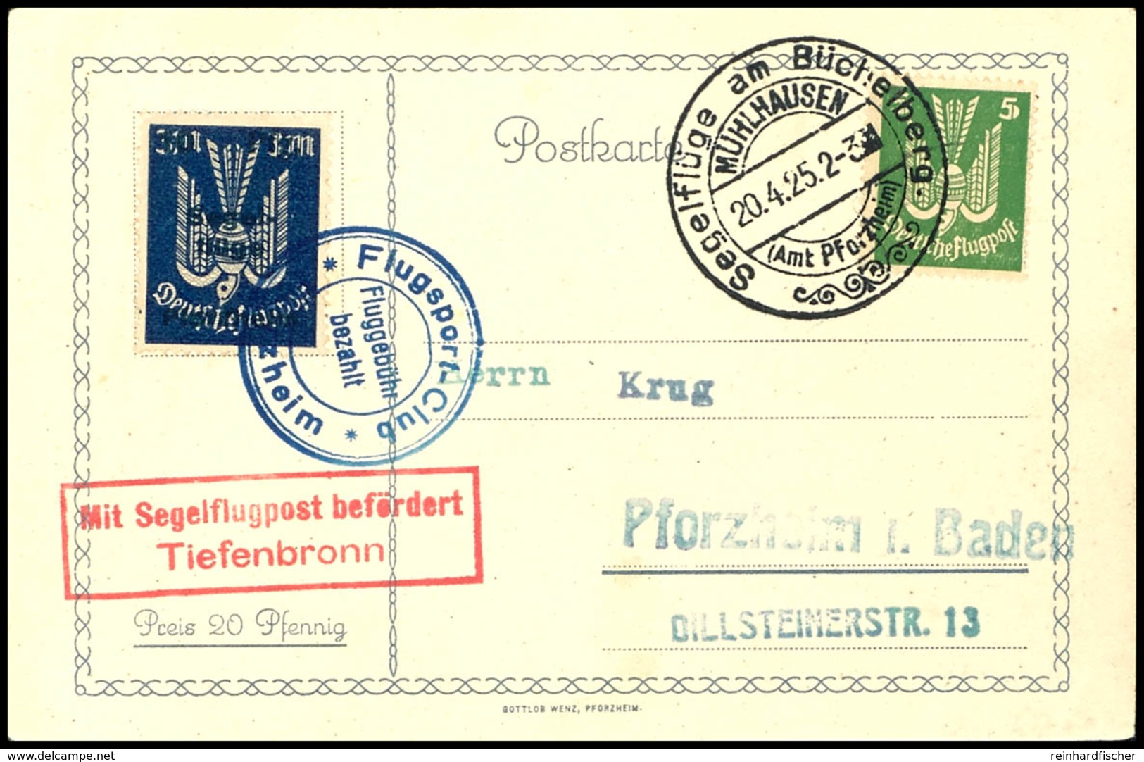 1925, Segelflüge Am Büchelsberg, 10 Pfg Auf 3 Mark Auf Karte Mit 5 Pfg Holztaube Mit Sonderstempel Vom 20.4.1925, Roter  - Andere & Zonder Classificatie