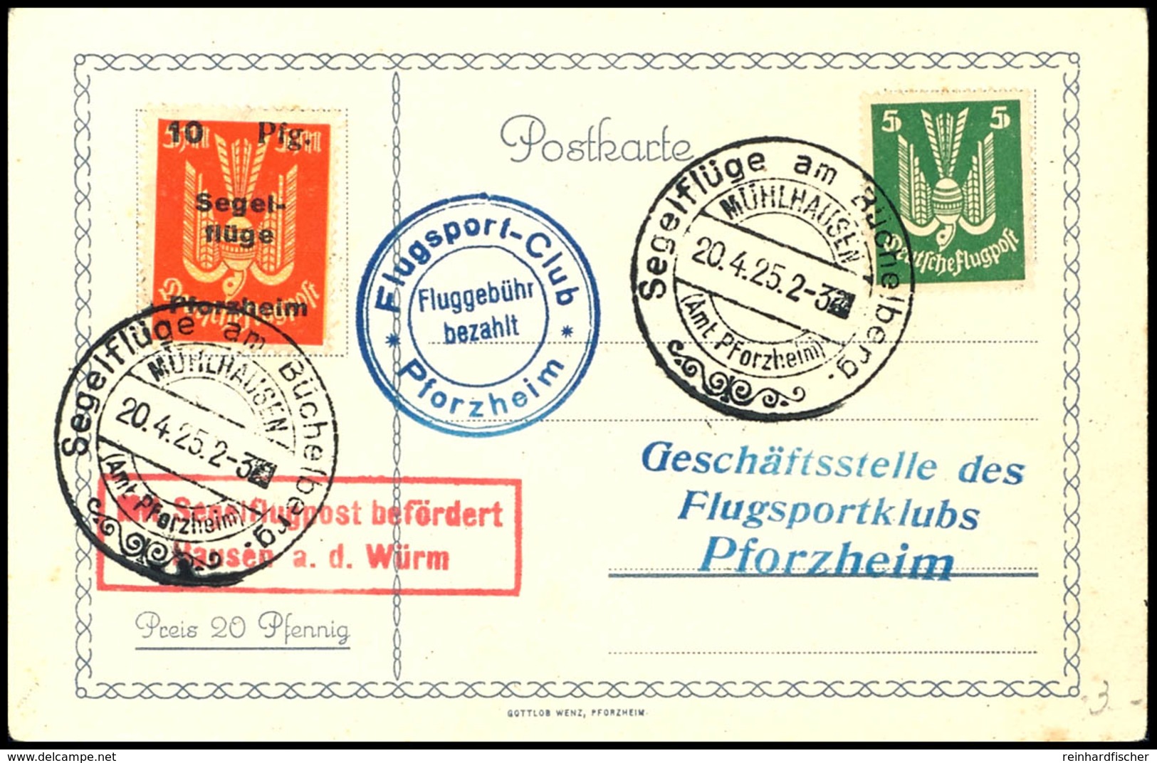 1925, Segelflüge Am Büchelsberg, 10 Pfg Auf 5 Mark Auf Karte Mit 5 Pfg Holztaube Je Mit Sonderstempel Vom 20.4.1925, Tad - Andere & Zonder Classificatie