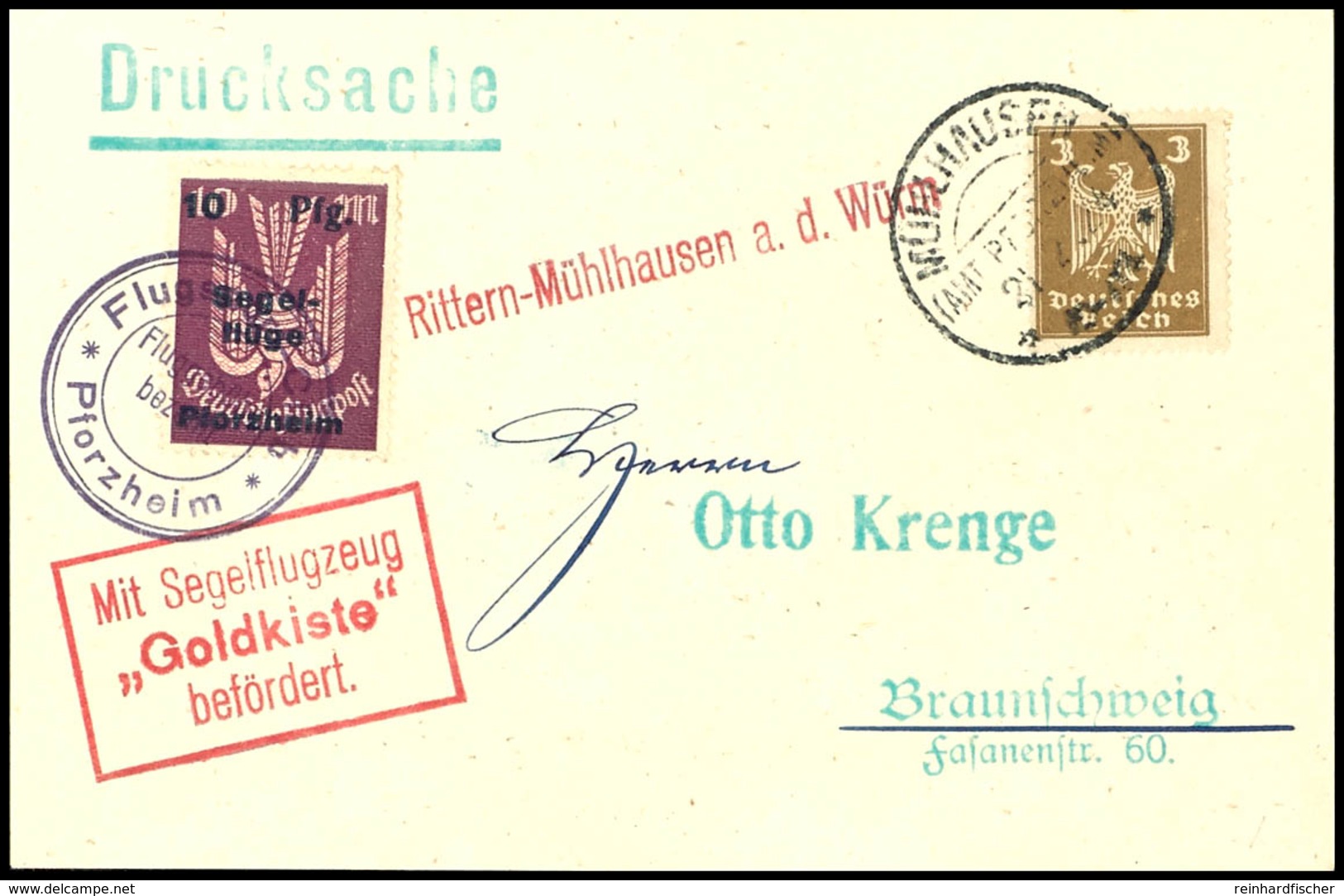 1925, Segelflugzeug "Goldkiste" Rittern - Mühlhausen A. D.Würm, 10 Pfg Auf 10 Mark Auf Karte Mit 3 Pfg Holztaube, Entwer - Andere & Zonder Classificatie