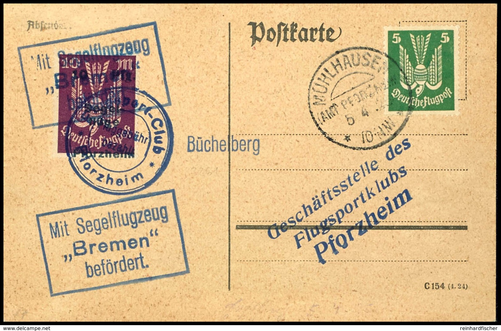 1925, Segelflüge Am Büchelsberg, 10 Pfg Auf 10 Mark Auf Karte Mit 5 Pfg Holztaube Mit Entwertung Vom 5.4.1925, L1 "Büche - Other & Unclassified