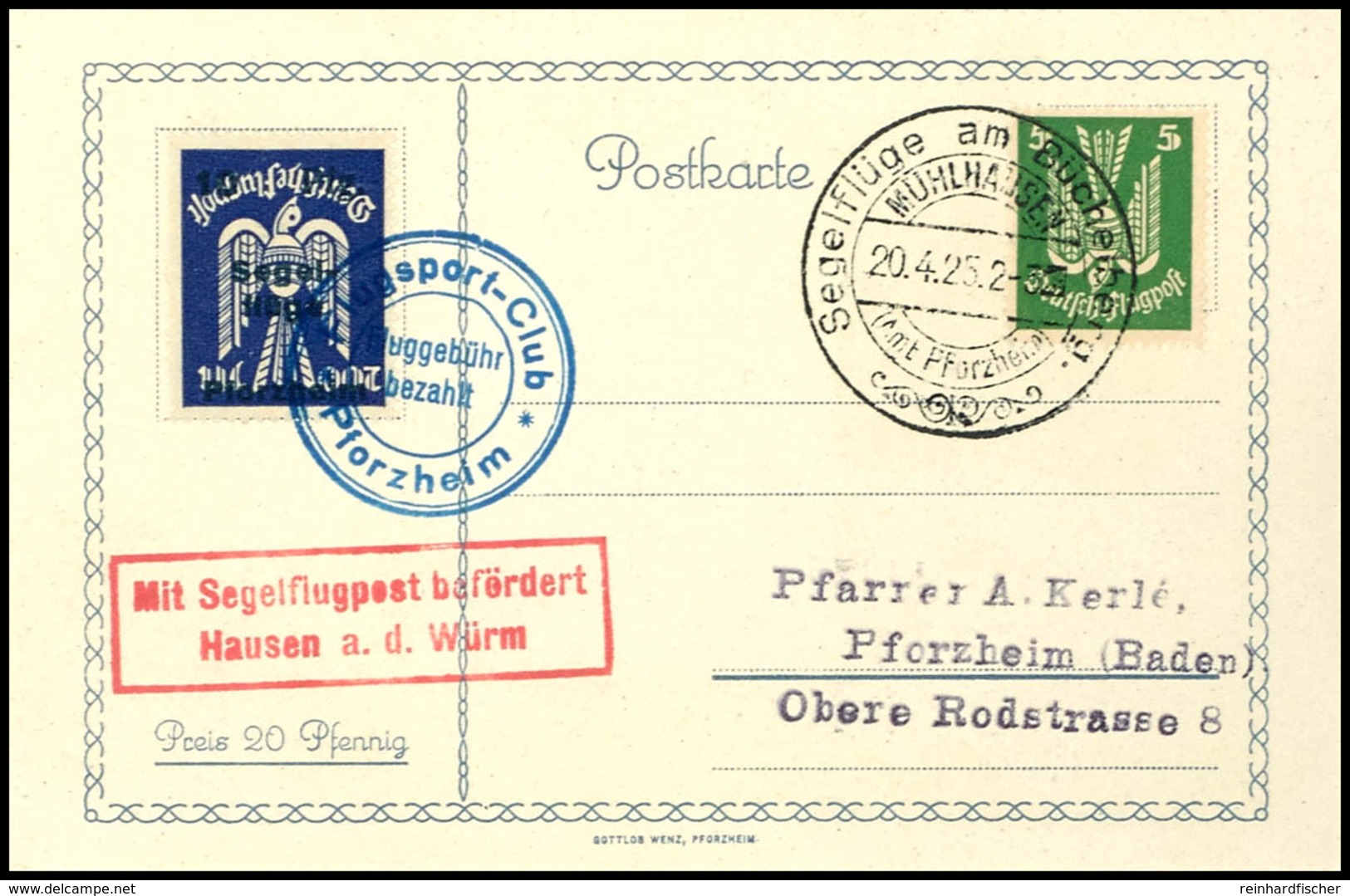 1925, Segelflug Hausen A. D. Würm, 10 Pfg Auf 200 Mark, Abart "kopstehender Aufdruck" Auf Karte Mit 5 Pfg Holztaube Mit  - Andere & Zonder Classificatie