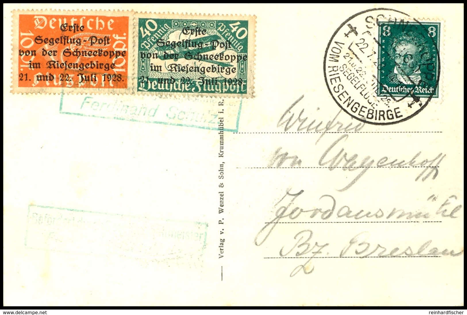 1928, Segelflugpost Von Der Schneekoppe, 10 Pfg Und 40 Pfg Deutsches Reich Mit Schwarzem Bdr.-Aufdruck Auf Karte Mit 8 P - Other & Unclassified