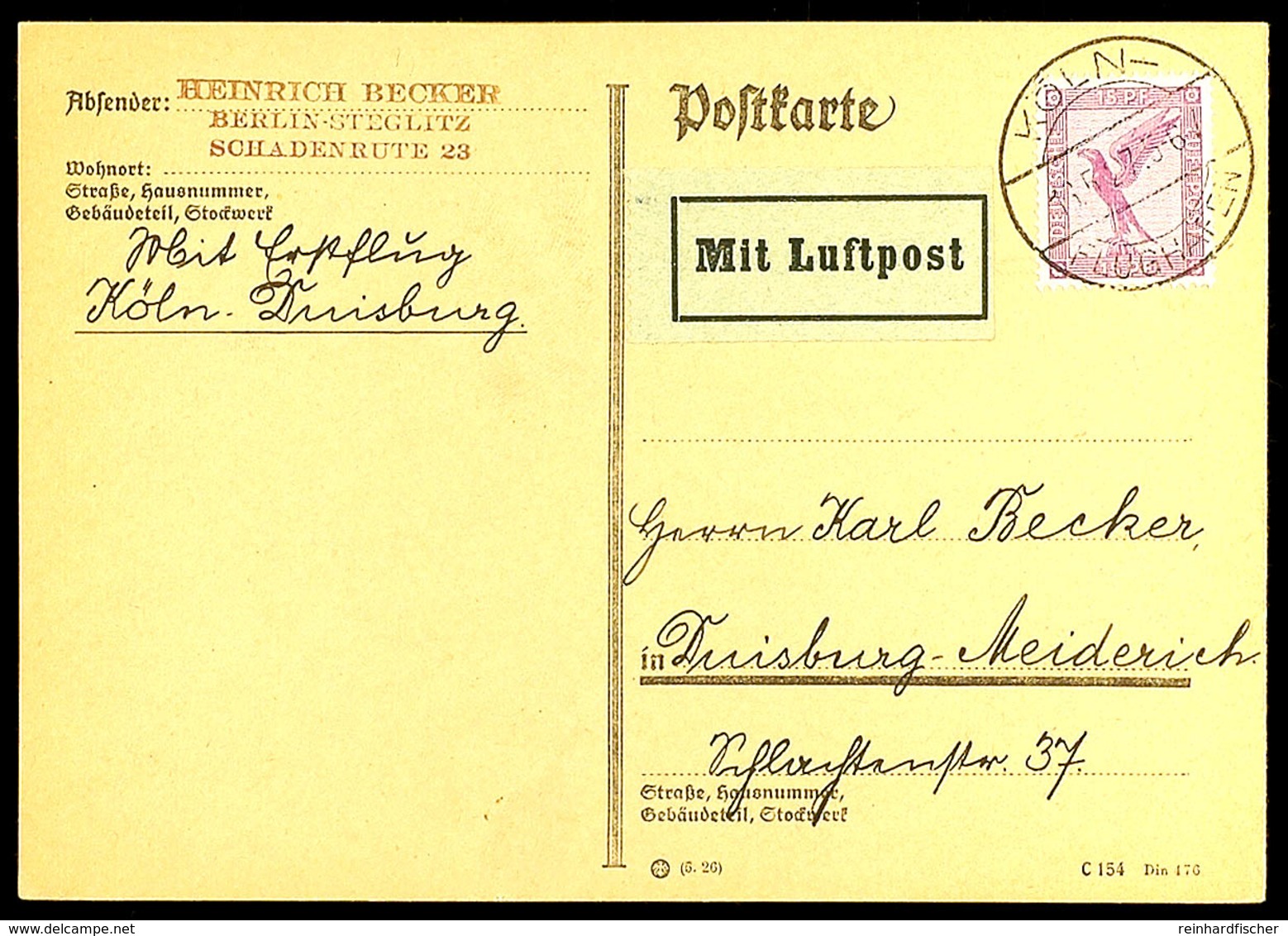 Köln-Flughafen 16.5.27 - Duisburg, Erstflug, Karte Ohne MLb-Stempel., Katalog: A379 BF - Andere & Zonder Classificatie