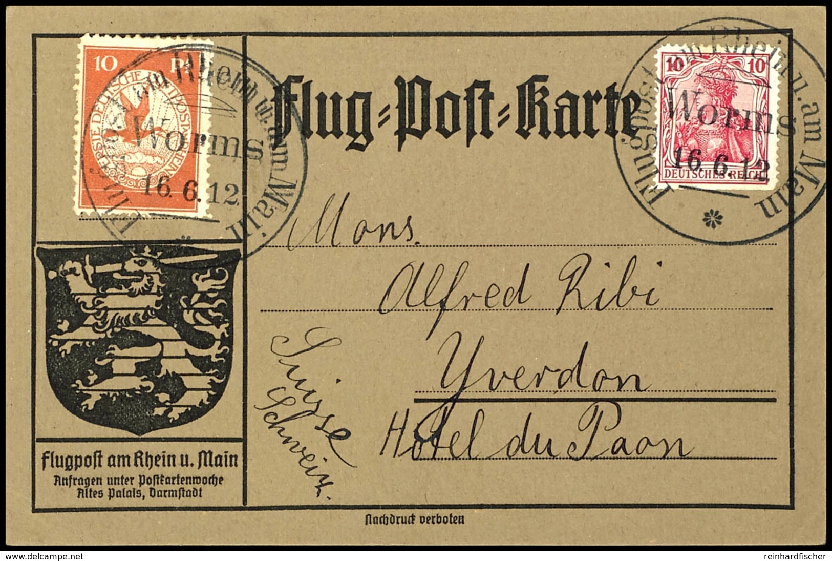1912, 10 Pfg. Rhein/Main Auf Sonderkarte Mit 10 Pfg. Germania Und Flugpoststempel Worms 16.6. Sowie Text In Die Schweiz, - Other & Unclassified