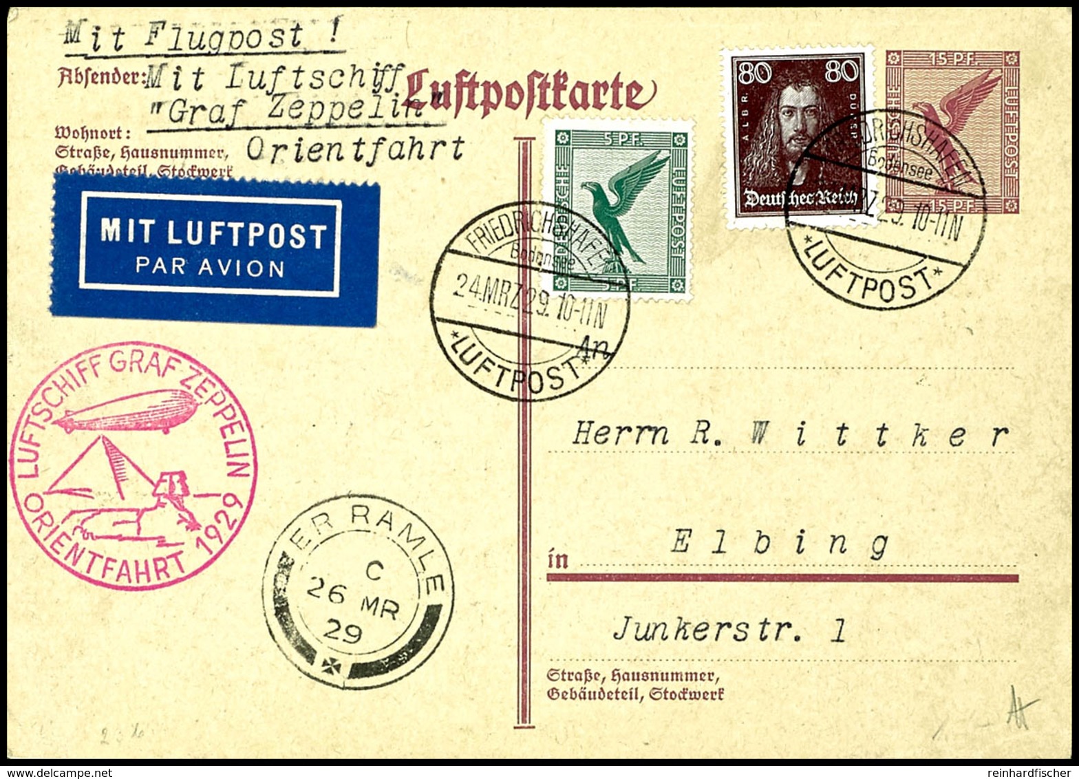 1929, Orientfahrt, Auflieferung Friedrichshafen Mit Best.-Stempel Type II Und Ankunftsstempel El Ramle, Ganzsachenkarte  - Andere & Zonder Classificatie