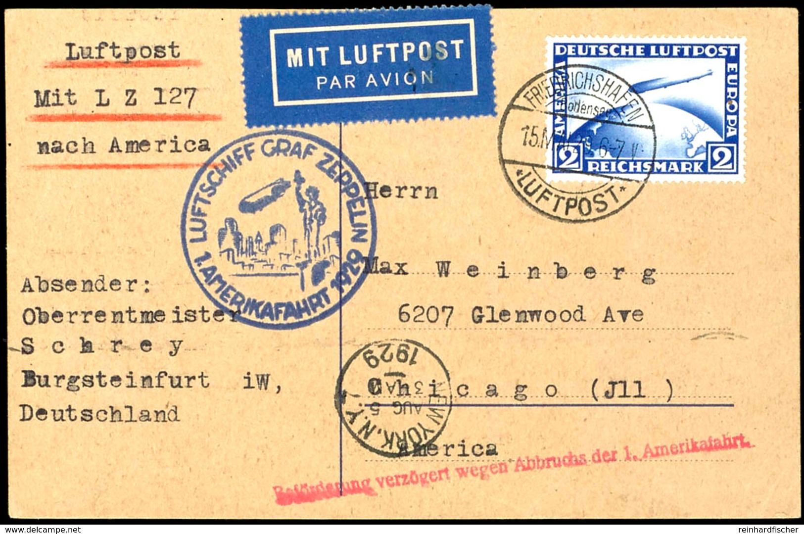 1929, Amerikafahrt, Karte Mit Tagesstempel Und Verzögerungsstempel Nach Chicago., Katalog: 26A BF - Andere & Zonder Classificatie