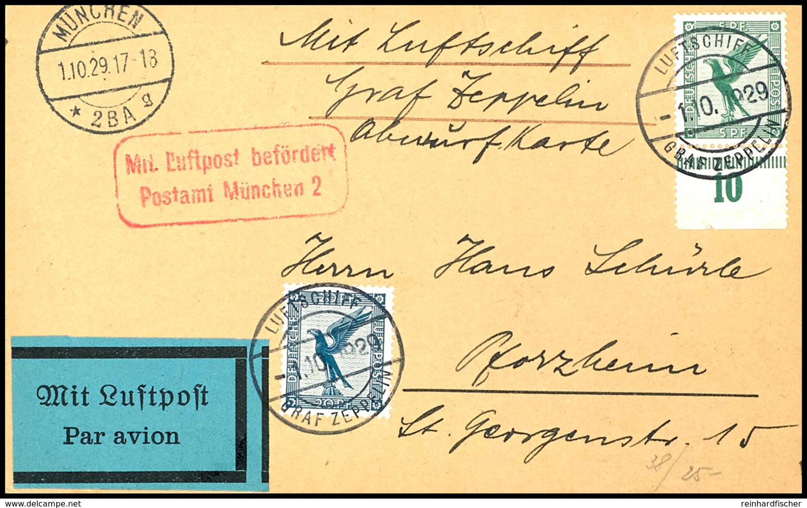 1929, Bayernfahrt, Bordpost Vom 1.10. Mit Abwurf München, Karte Mit 5 Pfg. Und 20 Pfg. Adler Für Die Luftpostgebühr Nach - Andere & Zonder Classificatie