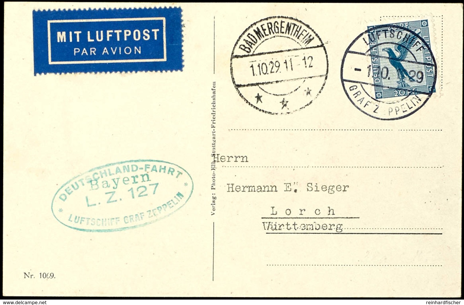 1929, Bayernfahrt, Abwurf Bad Mergentheim, Ansichtskarte LZ 127 "Graf Zeppelin" Mit 20 Pfg Adler Von "LUFTSCHIFF GRAF ZE - Andere & Zonder Classificatie