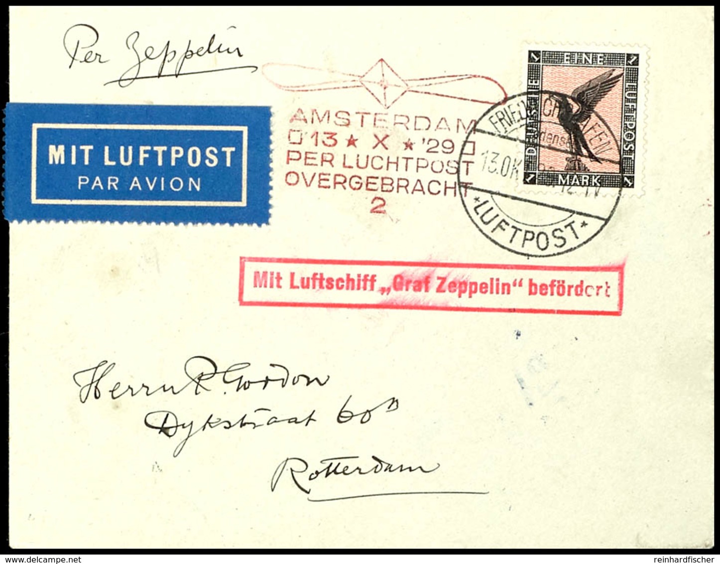 1929, Hollandfahrt, Abwurf Amsterdam Mit Auflieferung Friedrichshafen Und Ankunftsstempel Type 2 In Rot, Brief Mit 1 M.  - Andere & Zonder Classificatie