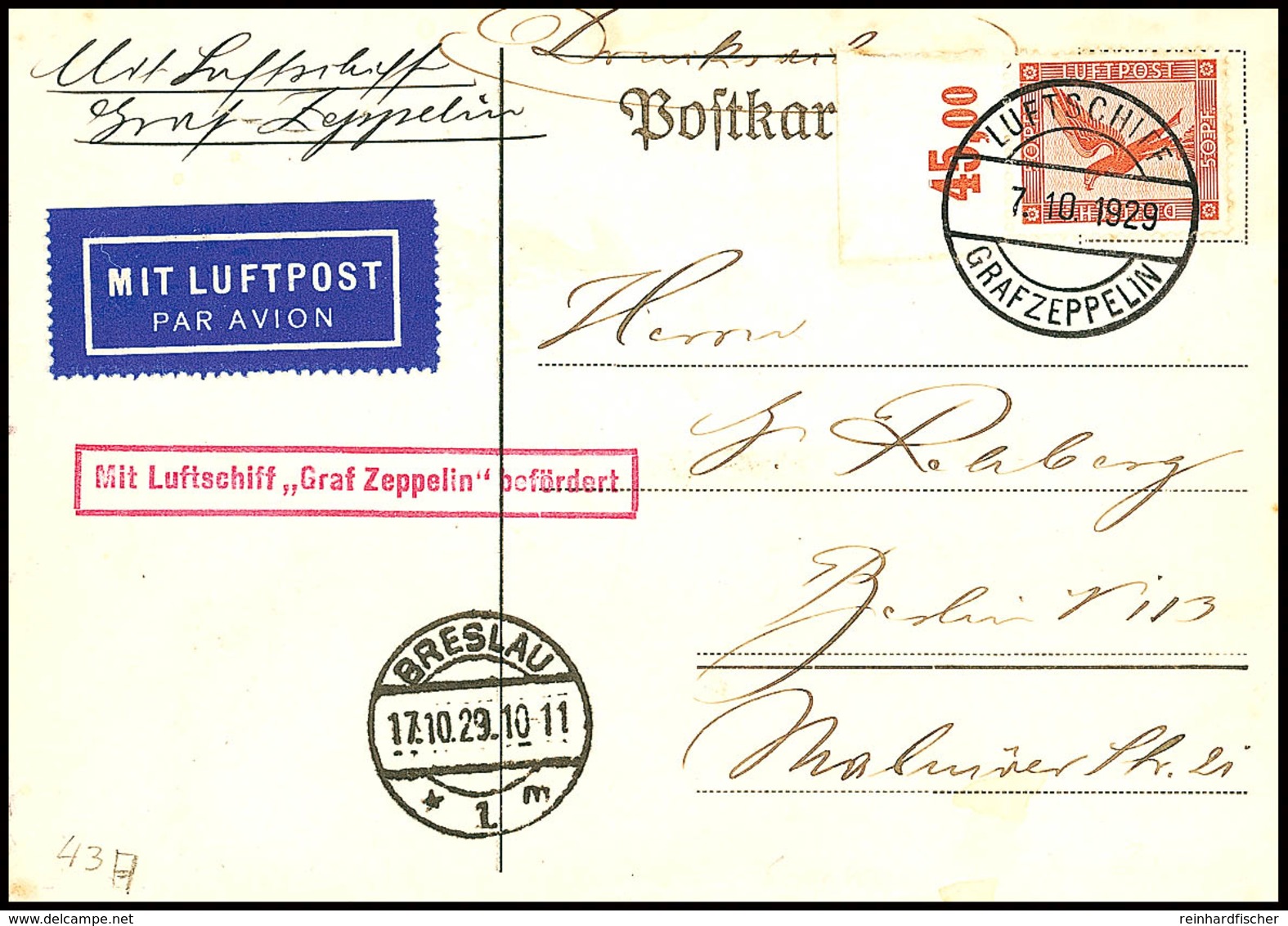 Schlesienfahrt, Bordpost Mit Stempelirrtum 7.10. Und Ak.-Stempel Breslau, Karte Mit Einzelfrankatur 50 Pfg Adler Mit Obe - Andere & Zonder Classificatie