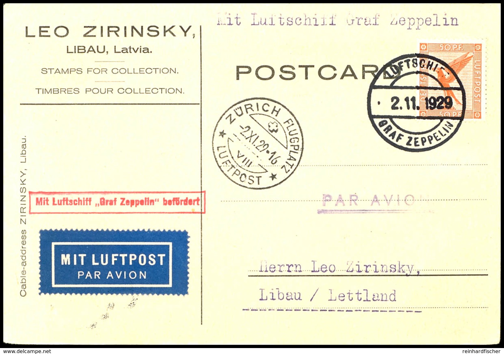 1929, Fahrt Nach Zürich-Dübendorf, Bordpost Vom 2.11., Karte Mit 50 Pfg. Adler Und Allen Stempeln, Adressiert Nach Libau - Andere & Zonder Classificatie