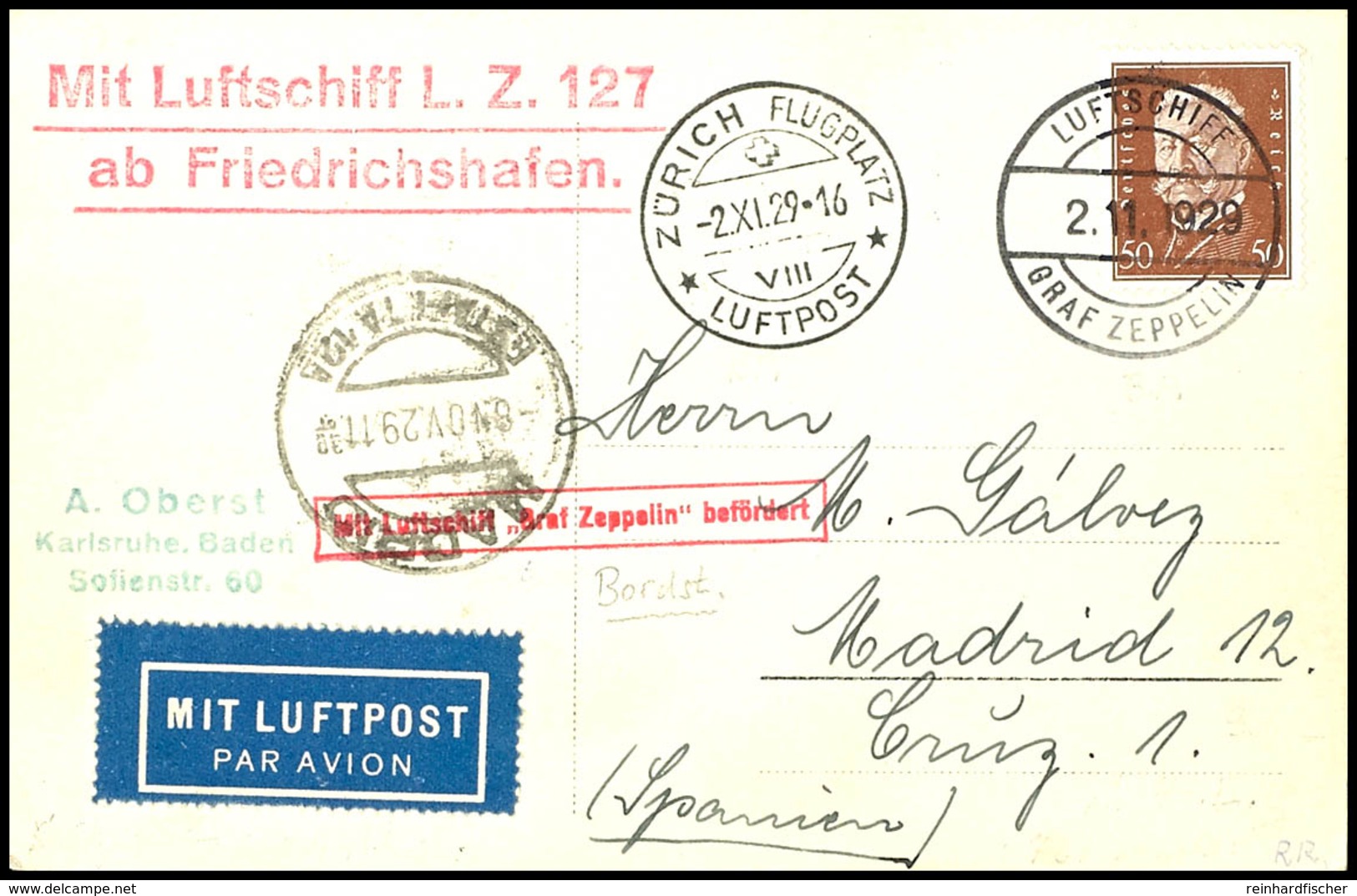 1929, Fahrt Nach Zürich-Dübendorf, Bordpost, Fotokarte Mit 50 Pfg. Reichspräsidenten Nach Madrid Mit Vorderseitigem Anku - Andere & Zonder Classificatie