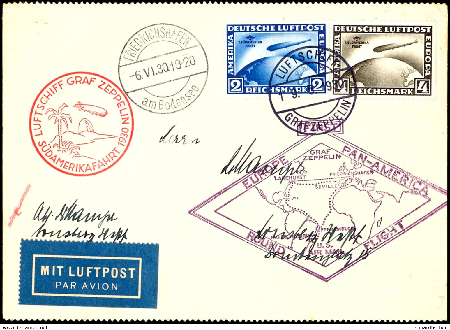 1930, Südamerikafahrt, Postkarte Der Rundfahrt, Mit 2 Und 4 RM. Südamerikafahrt Mit Bordpoststempel "LUFTSCHIFF GRAF ZEP - Andere & Zonder Classificatie