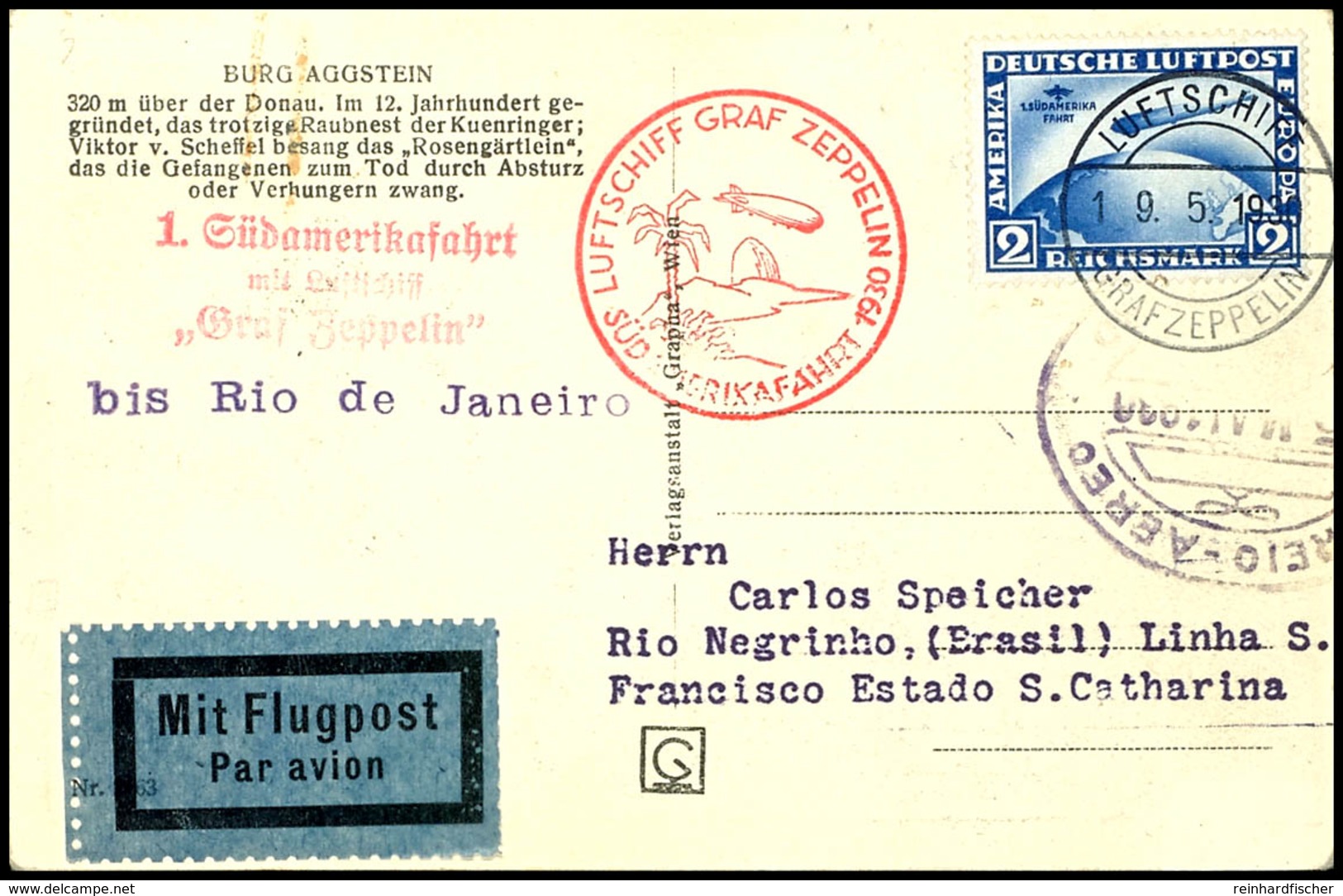 1930, Südamerikafahrt, Bordpost Vom 19.5. Bis Rio De Janeiro, Karte Mit 2 RM Zeppelin, Alle Stempel Vorderseitig, Pracht - Other & Unclassified