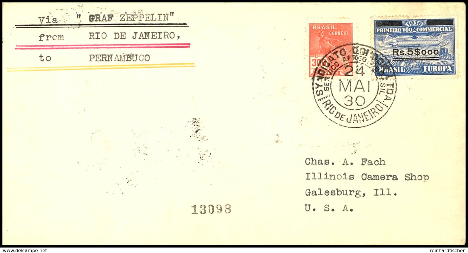 1930, Südamerikafahrt, Brasilianische Post, Rio De Janeiro -Recife, Brief Mit 5000 Rs. Auf 20000 Rs. Zeppelin Und Allen  - Andere & Zonder Classificatie