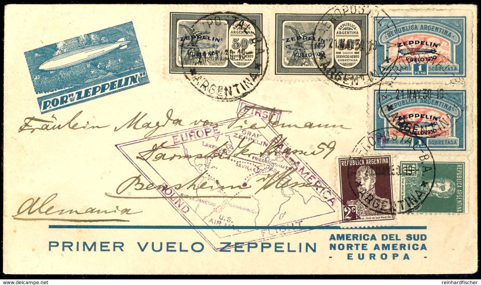 1930, Südamerikafahrt, Argentinische Post, Brief Mit 2 Stück 50 C. Und Senkrechtem Paar 1 P. Zeppelin-Marken Mit Blauem  - Sonstige & Ohne Zuordnung