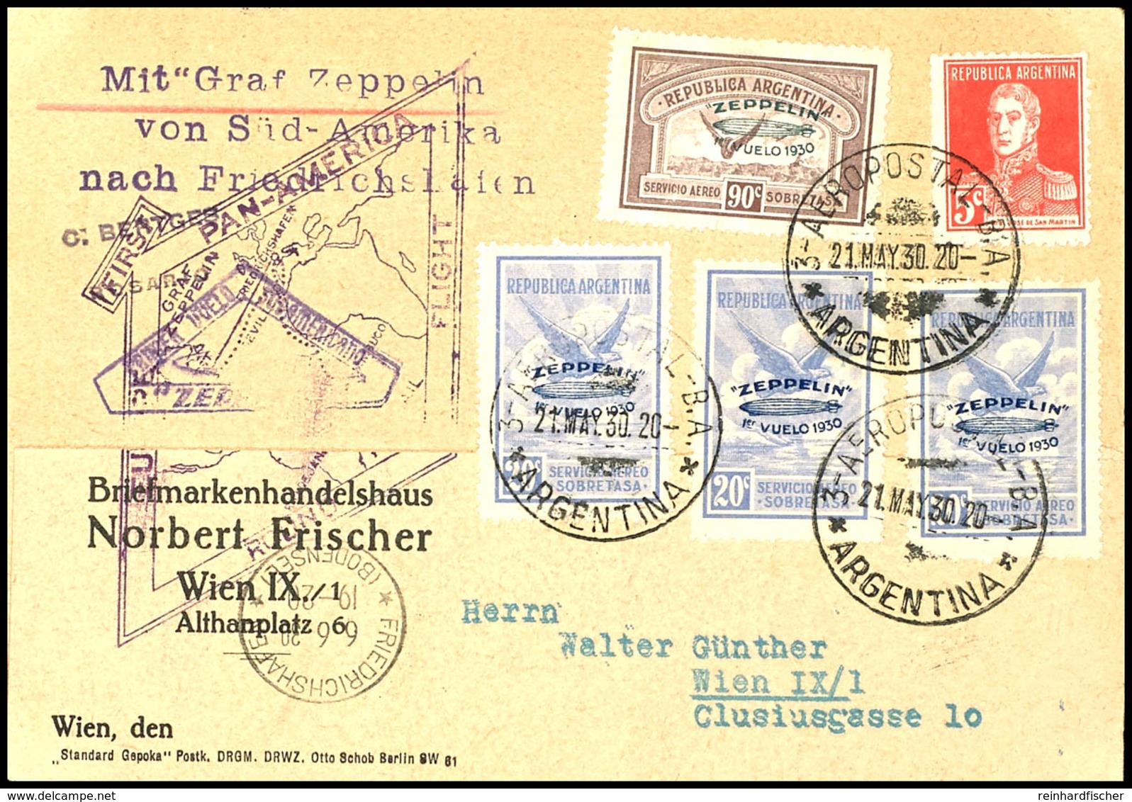 1930, Südamerikafahrt, Argentinische Post Bis Friedrichshafen, Karte Mit 90 C. Zeppelin Mit Grünem Aufdruck Und Drei Ein - Andere & Zonder Classificatie