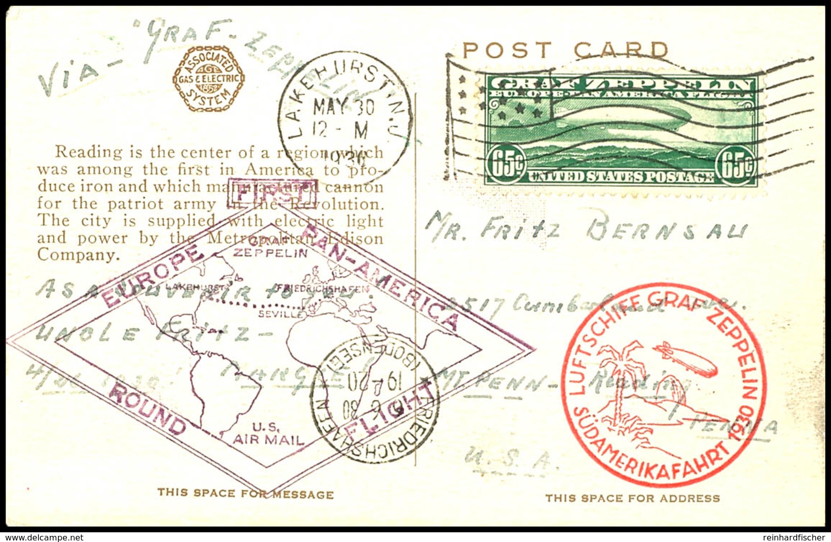 1930, Südamerikafahrt, Amerikanische Post Der Rückfahrt, Karte Aus LAKEHURST MAY.30. Mit 65 C. Sondermarke Und Dt. Und A - Other & Unclassified