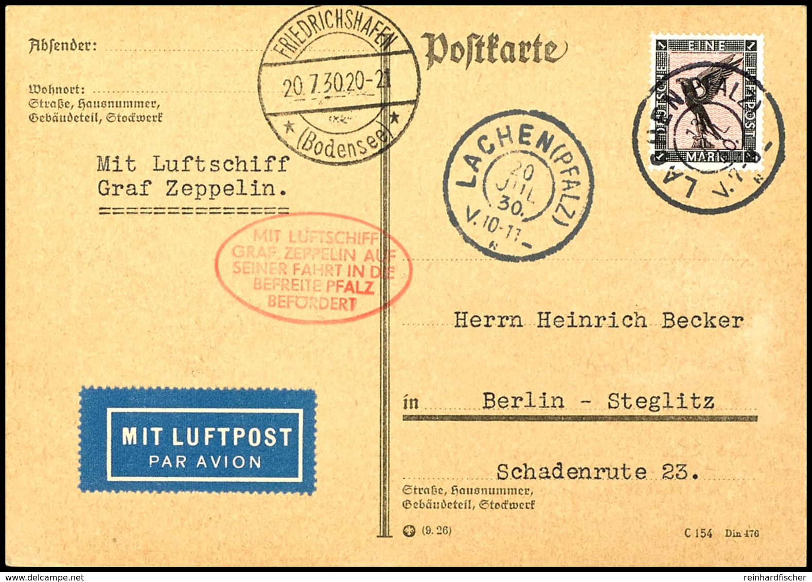 1930, Landungsfahrt Nach Laachen, Auflieferung LAACHEN 13.JUL. Nach Friedrichshafen, Karte Mit 1 M. Adler Und Nebengeset - Andere & Zonder Classificatie