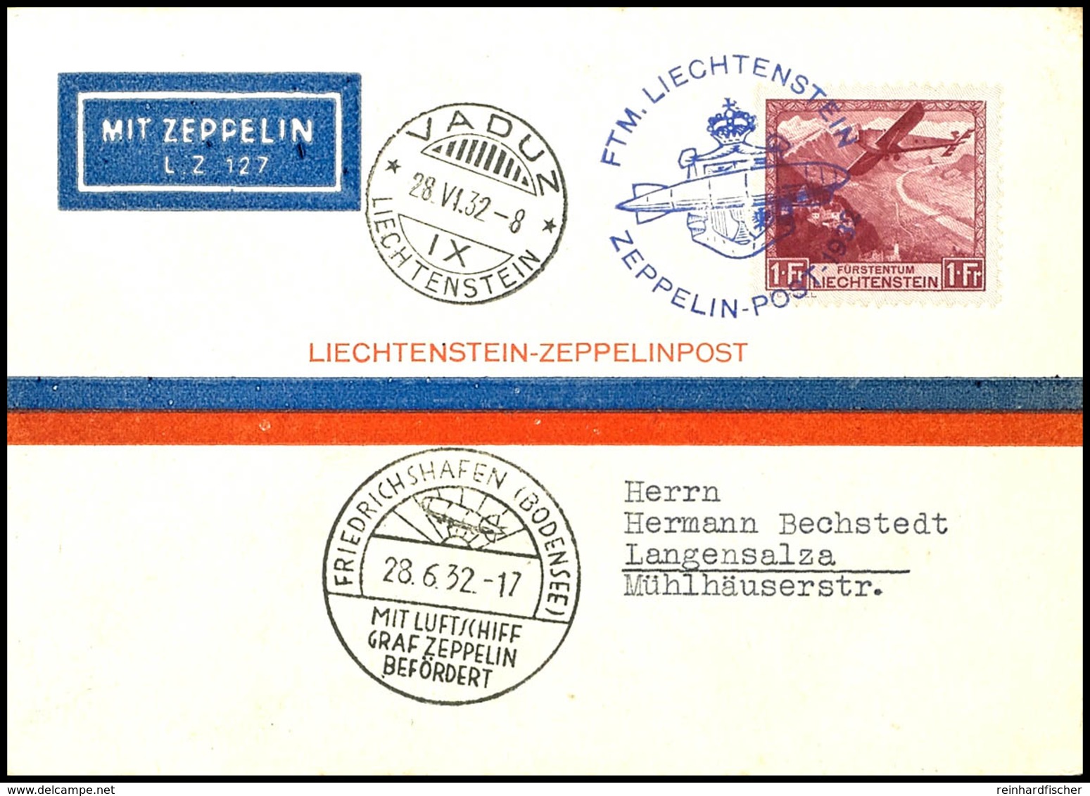 1932, Schweizfahrt - 250. Fahrt, Liechtensteinische Post, Sonderdruckkarte Des Postmuseums Mit 1 Fr. Flugpost Und Allen  - Andere & Zonder Classificatie