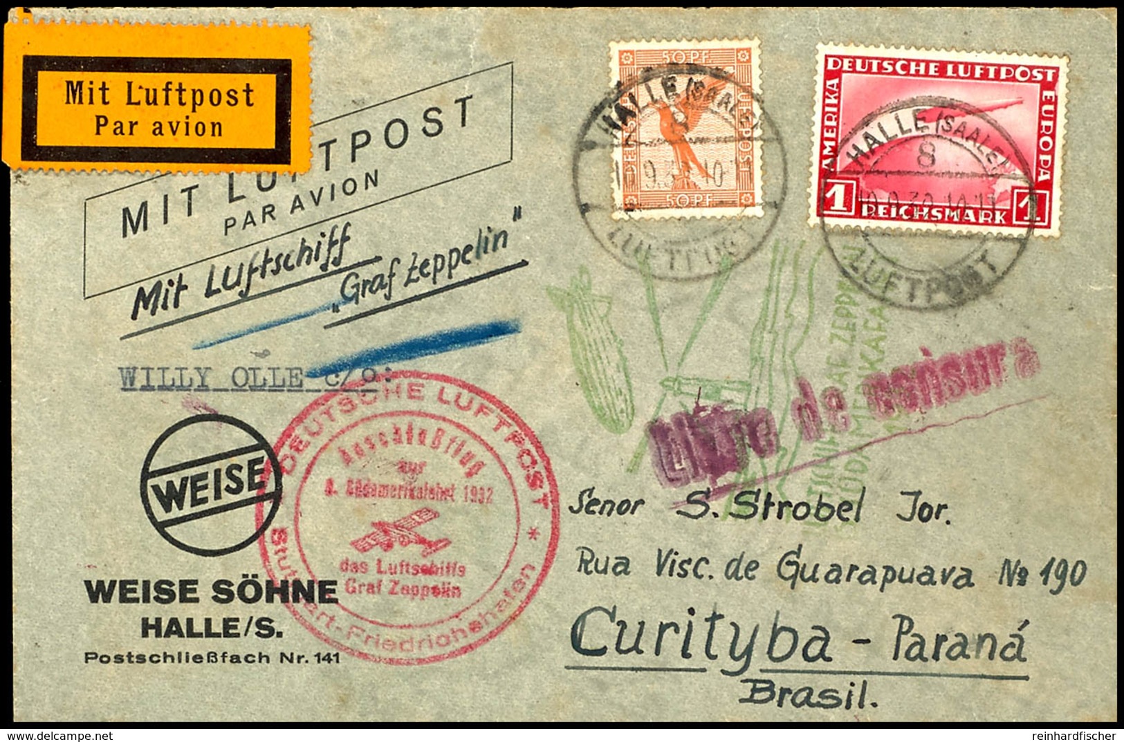 1932, 6. Südamerikafahrt Mit Anschlussflug Stuttgart, Firmenvordruckbrief Aus HALLE (SAALE) 10.9. Mit U.a. 1 RM Zeppelin - Andere & Zonder Classificatie