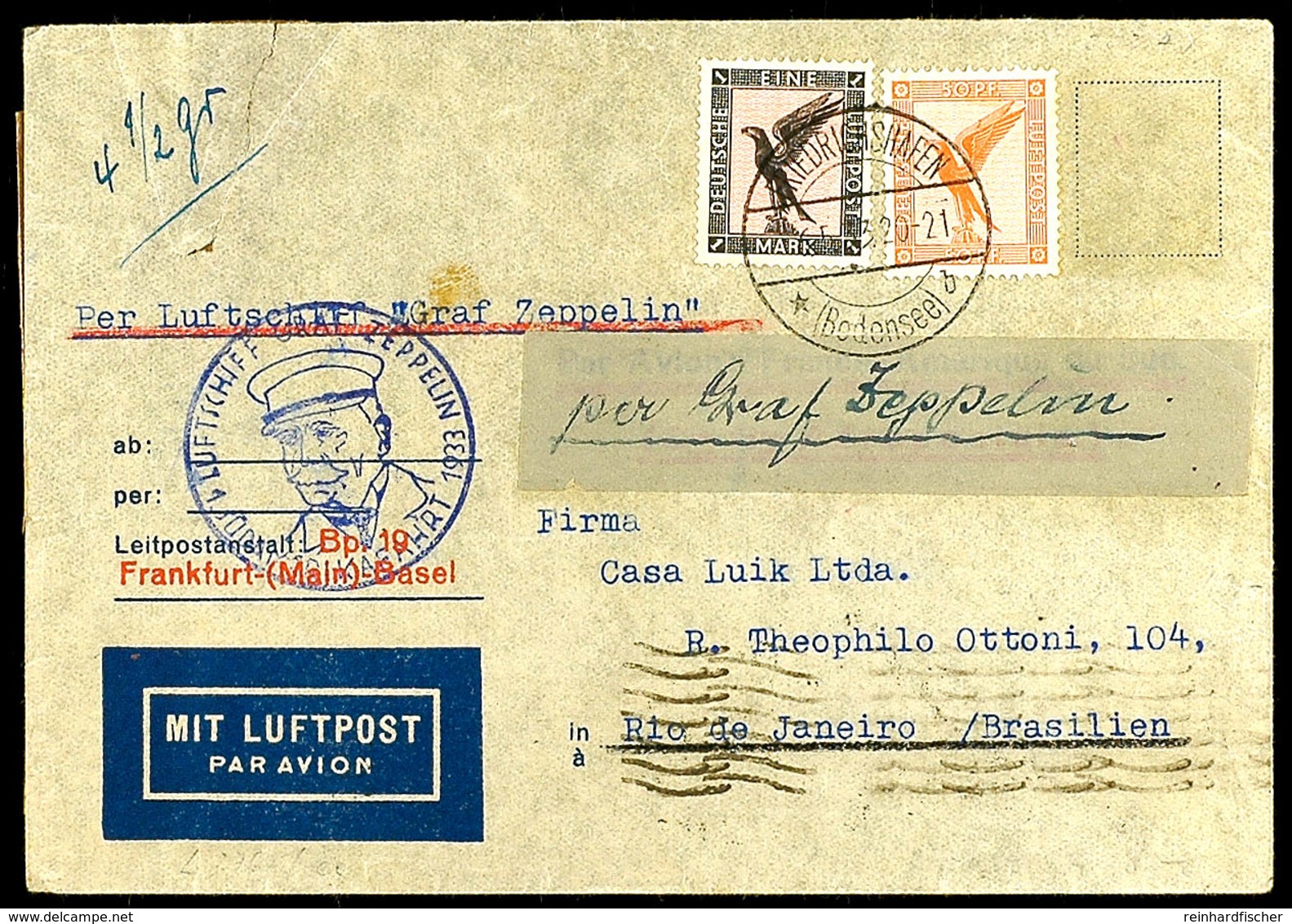 1933, 1. SAF, Auflieferung Friedrichshafen, Brief Mit 50 Pfg Und 1 RM Steinadler Nach Rio De Janeiro. Das Kuvert Hat Lin - Andere & Zonder Classificatie