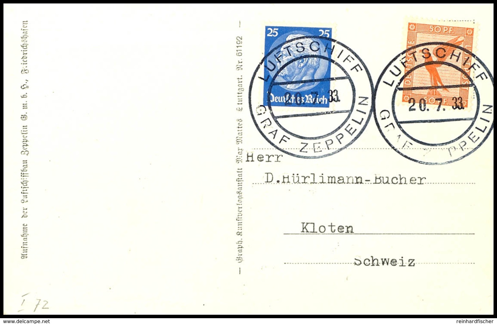 1933, Kurzfahrt In Die Schweiz, Bordpost Vom 20.7. Auf Fotokarte Mit 50 Pfg. Adler Und 25 Pfg. Hindenburg, Adressiert In - Andere & Zonder Classificatie
