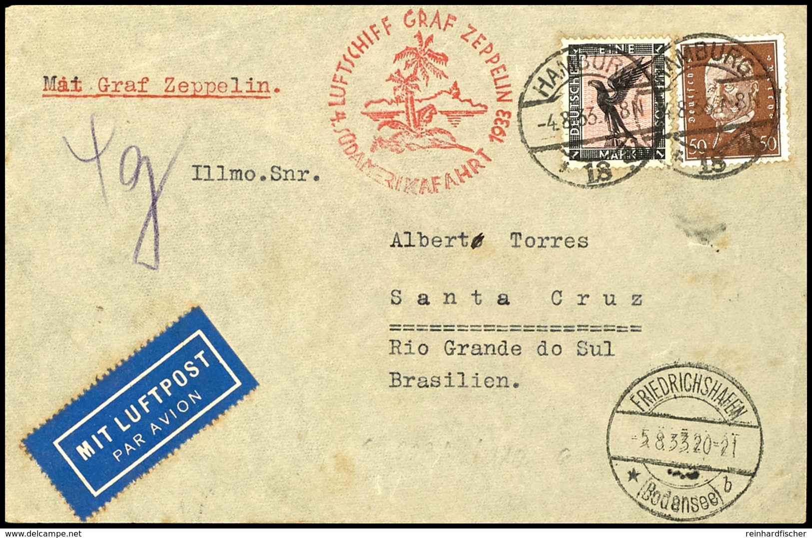 1933, 4. Südamerikafahrt Mit Auslieferung Friedrichshafen, Brief Aus HAMBURG 4.8. Mit 1 M. Adler Und 50 Pfg. Reichspräsi - Andere & Zonder Classificatie