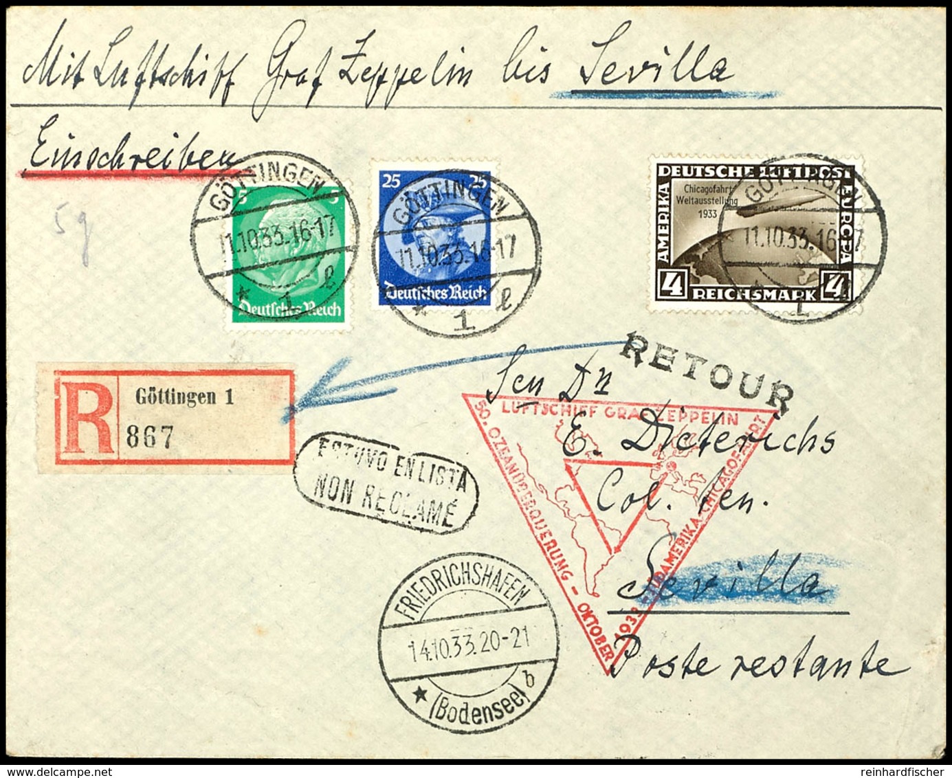 1933, Chicagofahrt, Auflieferung Friedrichshafen, Rundfahrt Bis Sevilla, R-Brief Mit 4 RM Chicagofahrt Und Zusatzfrankat - Andere & Zonder Classificatie