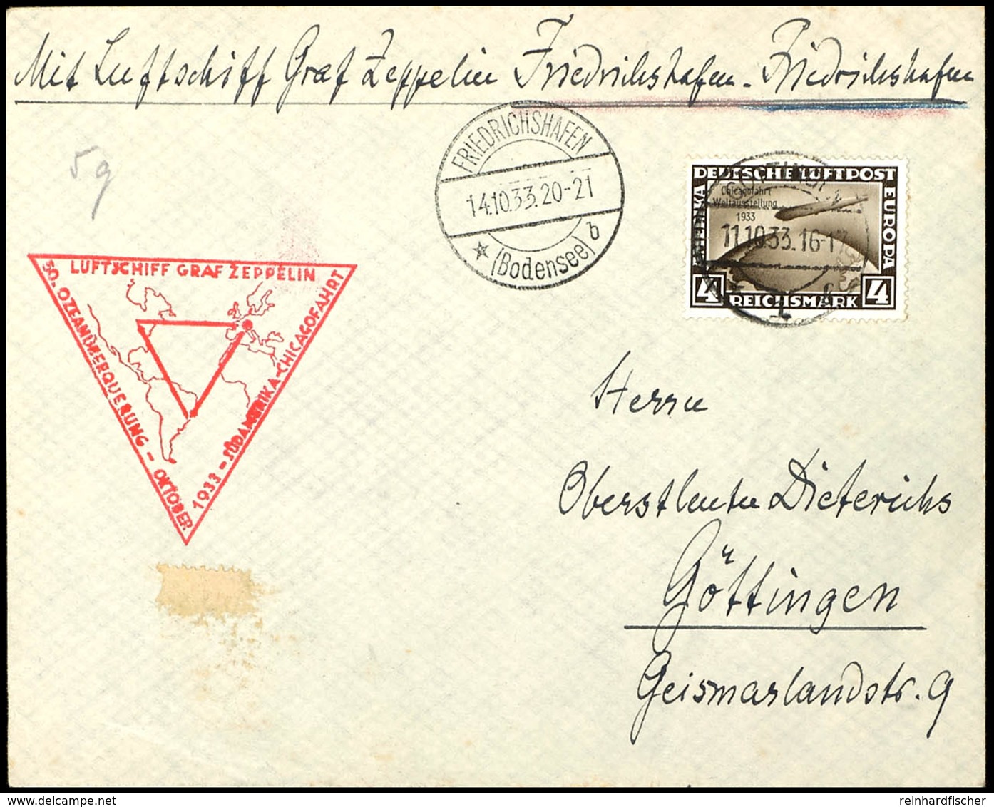 1933, Chicagofahrt, Auflieferung Friedrichshafen, Rundfahrt Bis Friedrichshafen, Brief Mit 4 RM. Chicagofahrt Von "GÖTTI - Andere & Zonder Classificatie