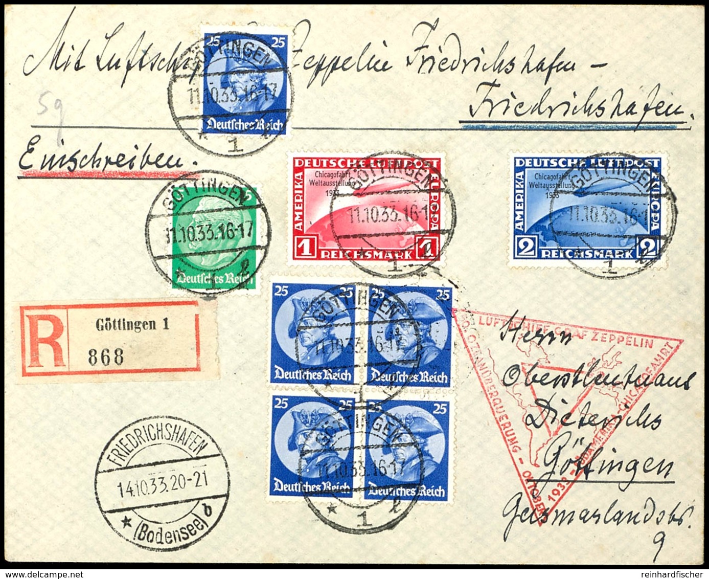 1933, Chicagofahrt, Auflieferung Friedrichshafen, Rundfahrt Bis Friedrichshafen, R-Brief Mit 1 Und 2 RM. Chicagofahrt, 2 - Andere & Zonder Classificatie