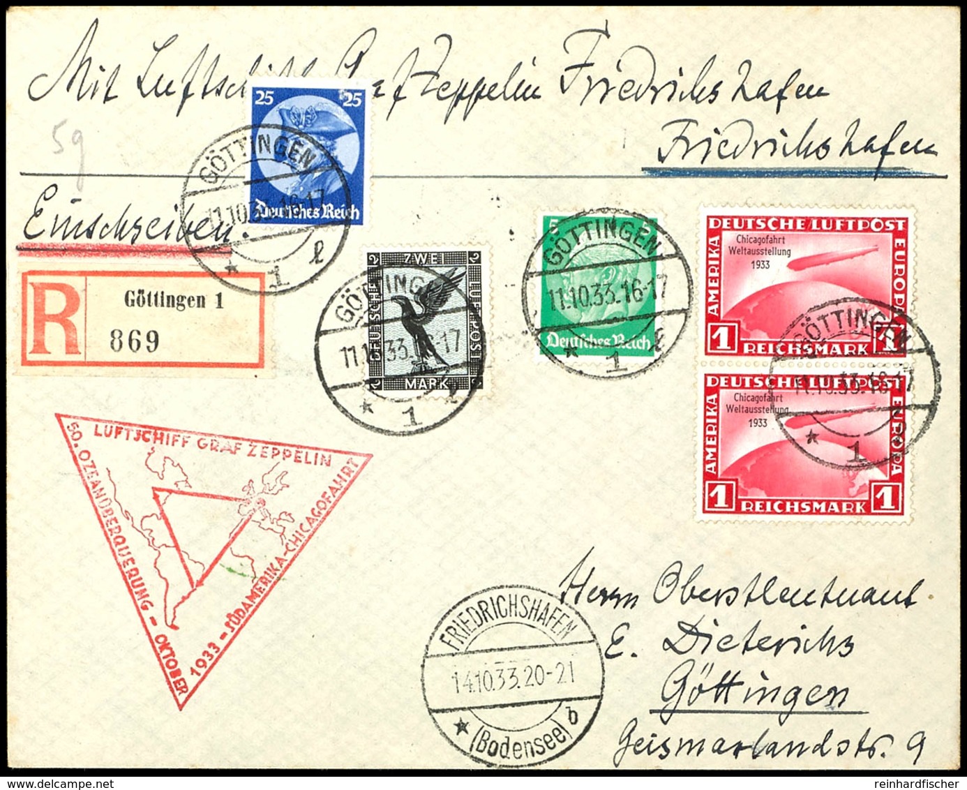 1933, Chicagofahrt, Auflieferung Friedrichshafen, Rundfahrt Bis Friedrichshafen, R-Brief Mit 1 RM Chicagofahrt, Senkrech - Andere & Zonder Classificatie