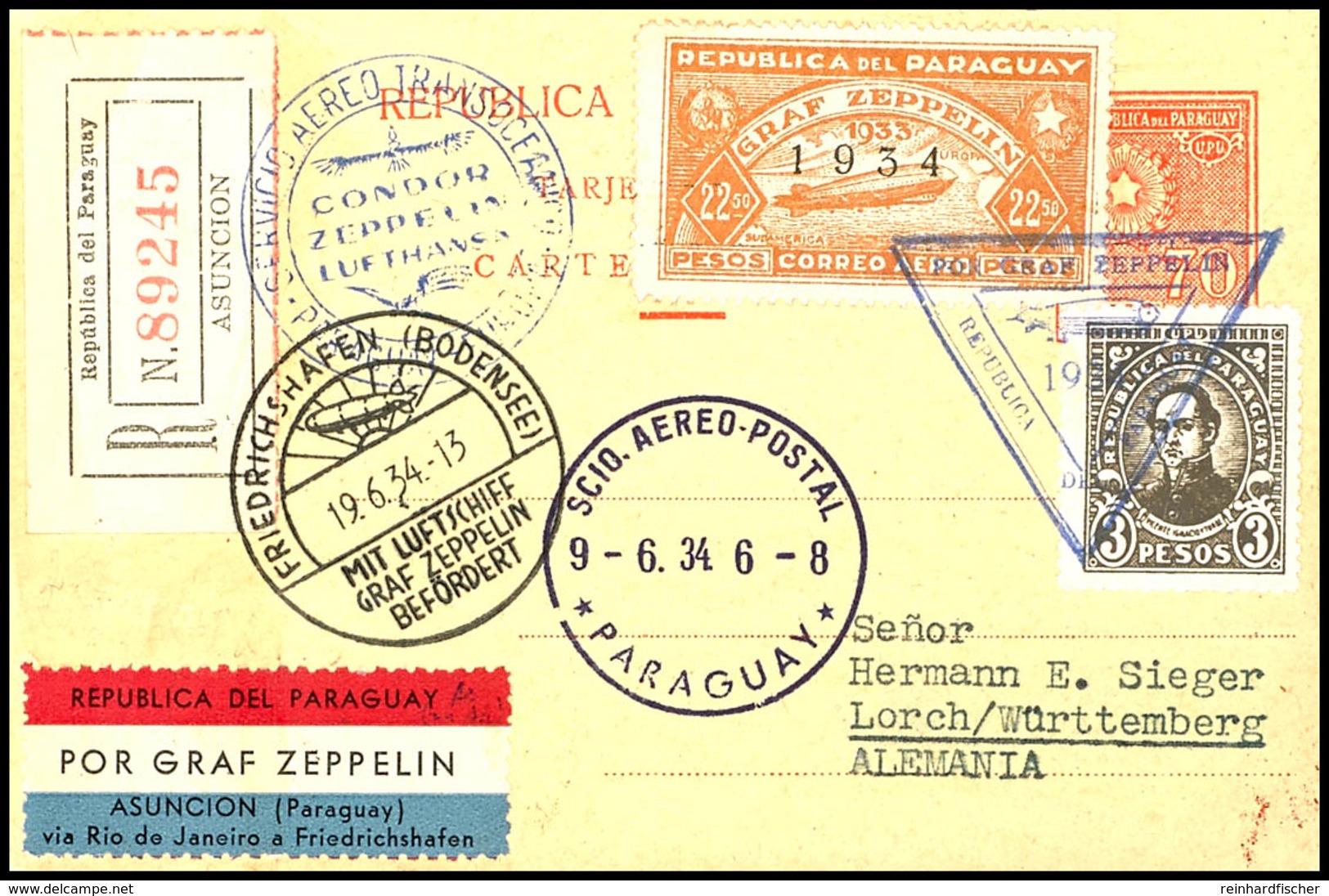 1934, 2. Südamerikafahrt, Paraguayische Post, R-Ganzsachenkarte Mit U.a. 22,50 P. Zeppelinmarke 1934 Sowie Allen Stempel - Andere & Zonder Classificatie