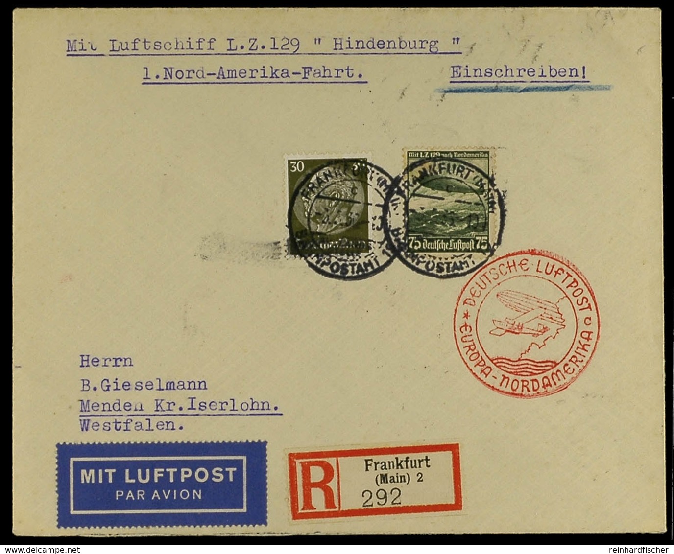 1936, 1. NAF, R-Brief Ab "FRANKFURT AM MAIN C" über New York Nach Menden In Westfalen, Gute Erhaltung, Katalog: Si.406C  - Andere & Zonder Classificatie