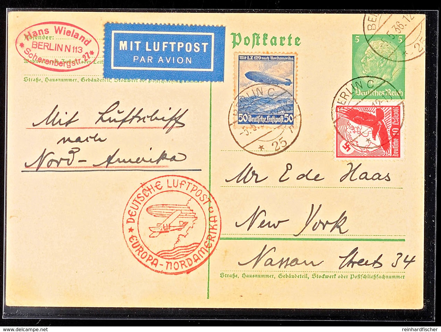 1936, 1. Nordamerikafahrt 1936 LZ 129, Auflieferung Frankfurt/M., GS-Postkarte Mit ZuF Nach USA, Katalog: Si.406C BF - Andere & Zonder Classificatie