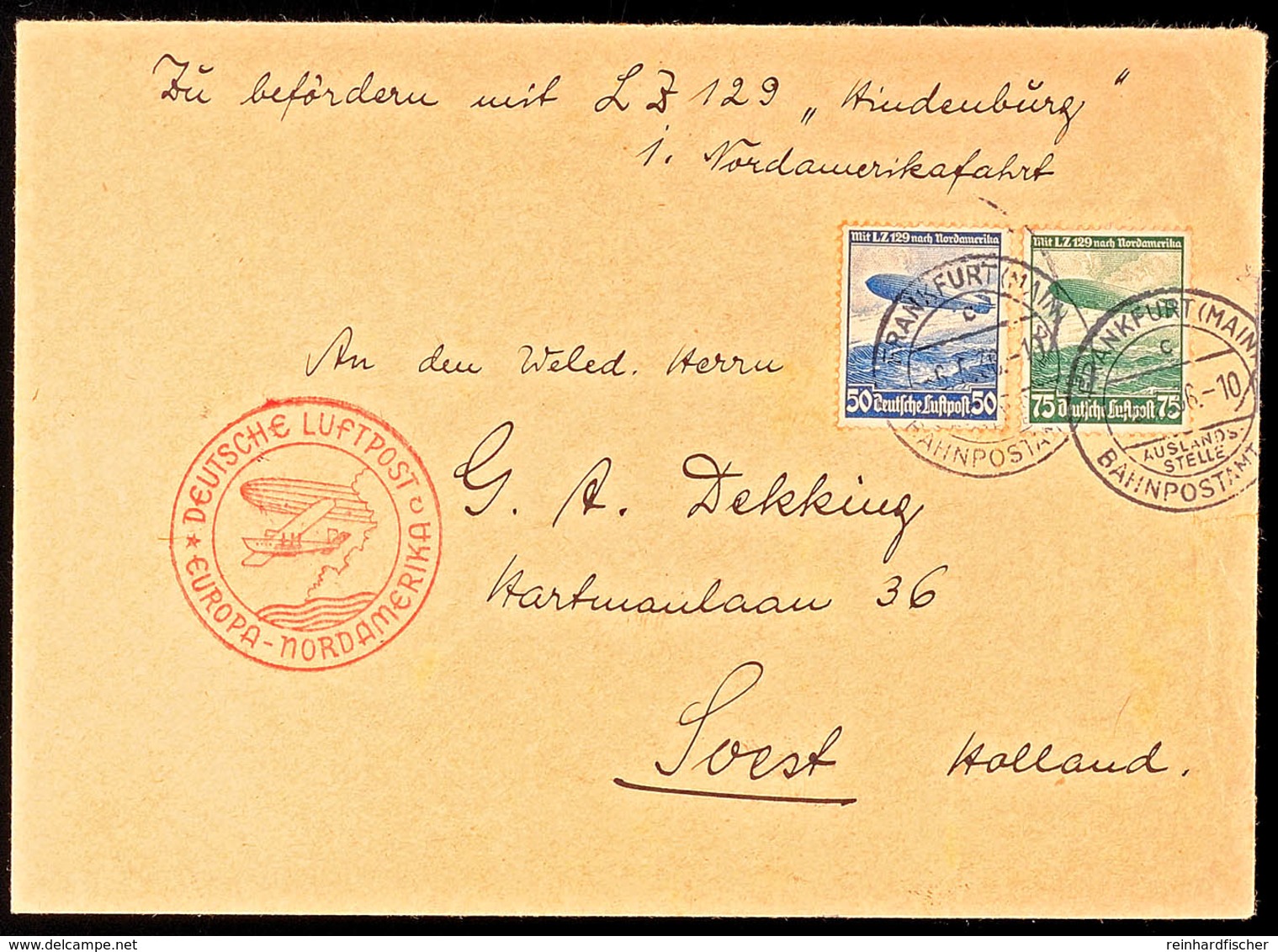 1936, 1. Nordamerikafahrt LZ 129, Auflieferung Frankfurt/M., Brief Mit Beiden Zeppelin-Marken über USA Nach HOLLAND, Kat - Andere & Zonder Classificatie