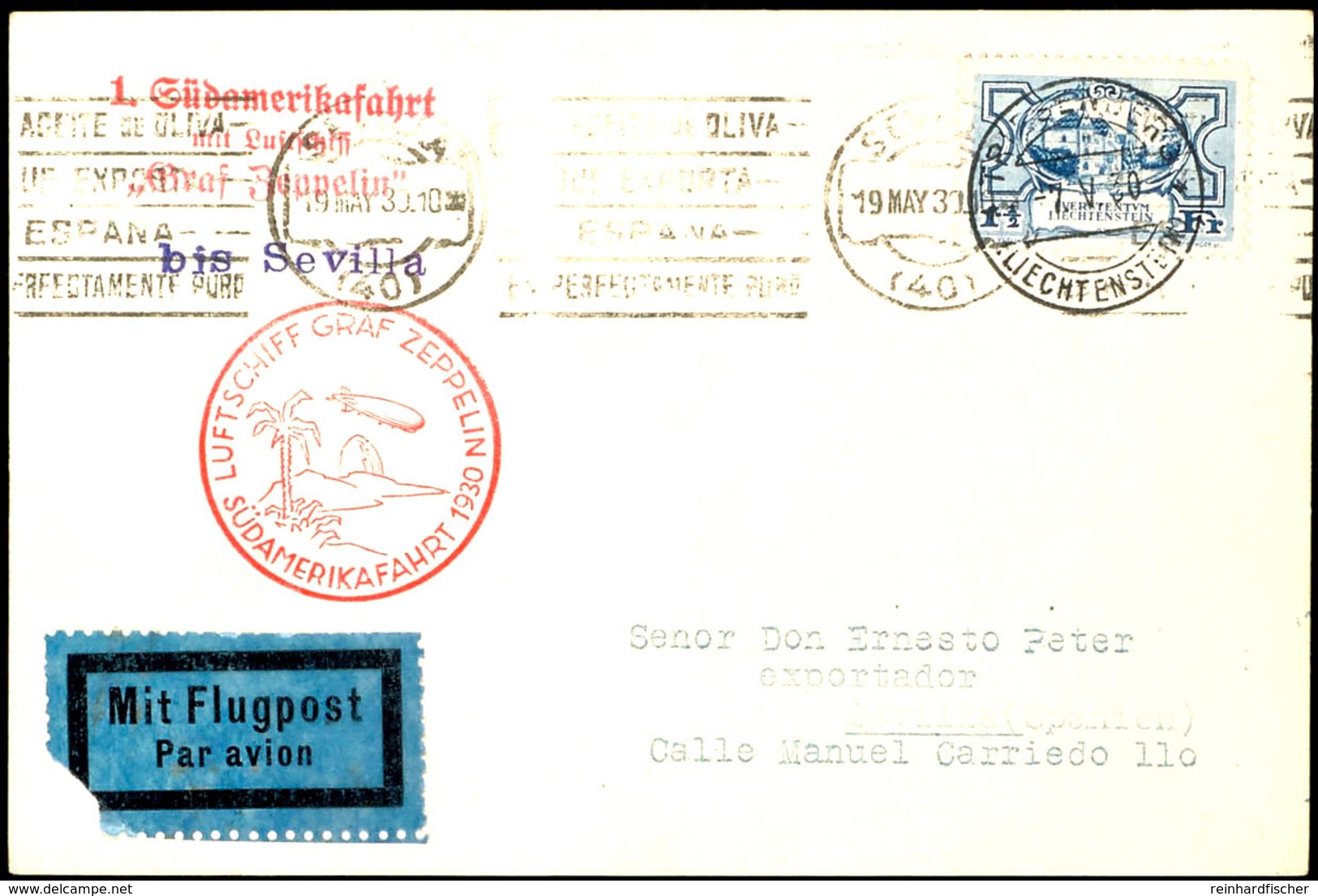 LICHTENSTEIN: 1930, Südamerikafahrt, Karte Bis Sevilla., Katalog: 57 BF - Other & Unclassified