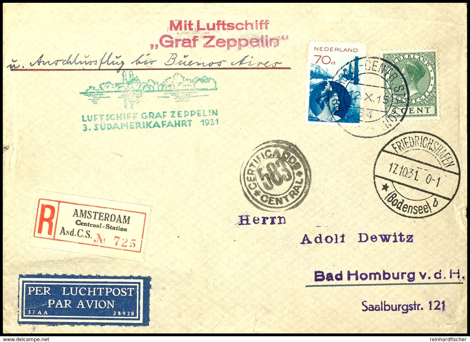 Niederlande: 1931, 3. Südamerikafahrt, Auflieferung Friedrichshafen, R-Brief Aus AMSTERDAM-CENTR.-STATION 12.X. Mit U.a. - Andere & Zonder Classificatie