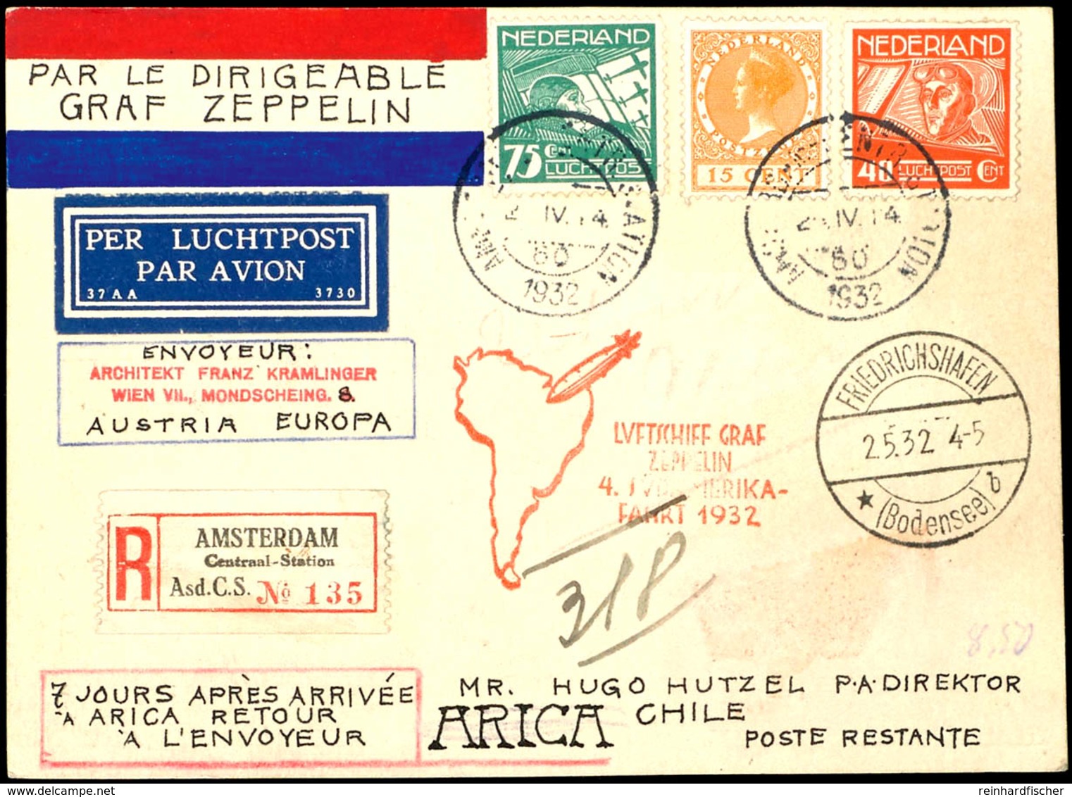 NIEDERLANDE: 1932, 4. Südamerikafahrt, R-Karte Nach Chile Und Zurück, Gebrauchsspuren., Katalog: 157 BF - Other & Unclassified