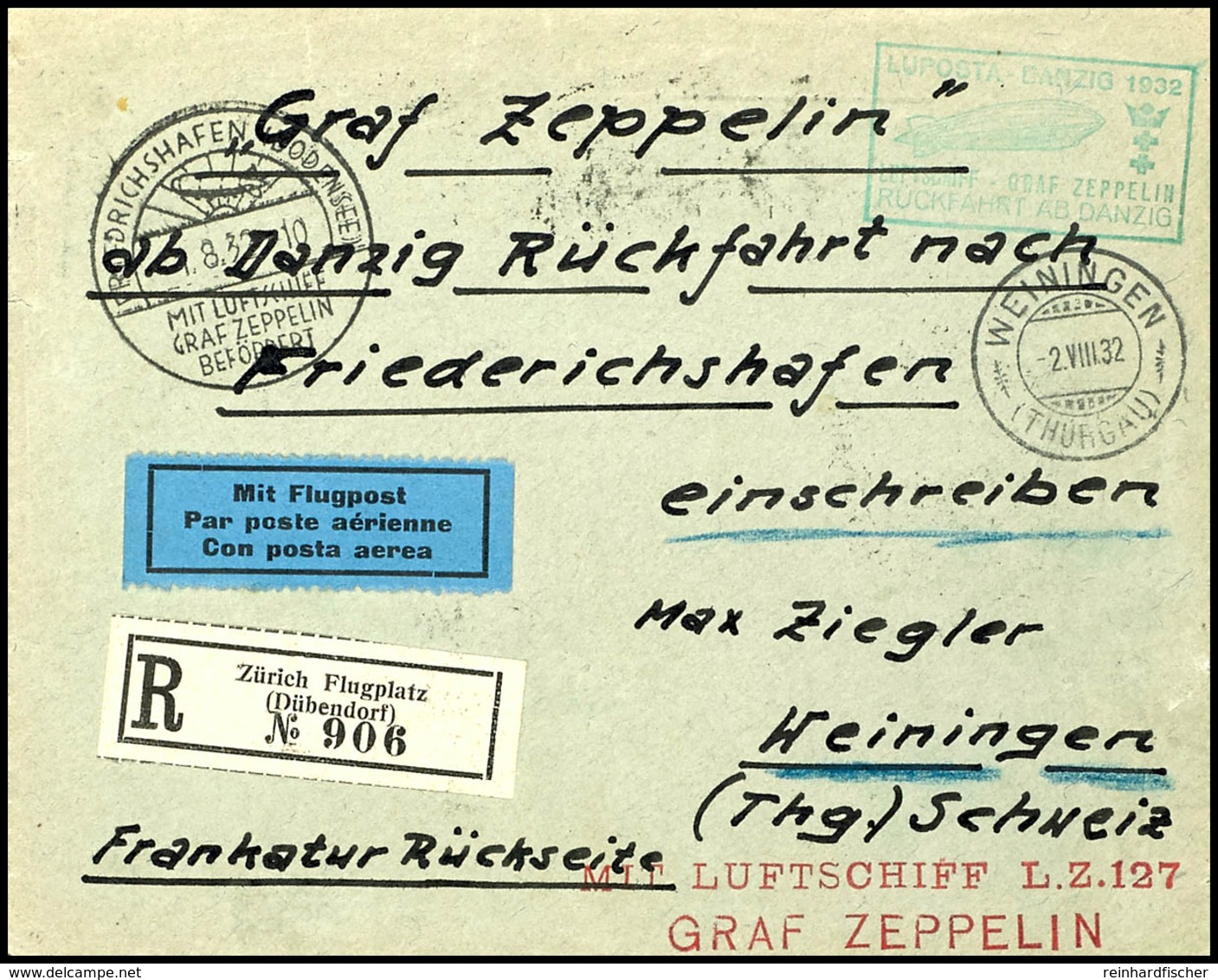 Schweiz: 1932, LUPOST-Fahrt, Post Der Rückfahrt, R-Brief Aus ZÜRICH FLUGPLATZ 29.VII. Mit Rückseitig Bunter Frankatur Un - Andere & Zonder Classificatie